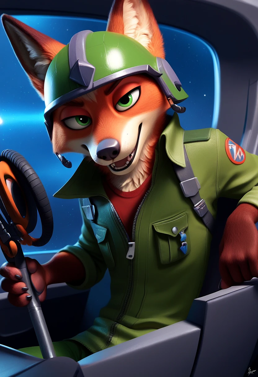 Nick the Fox Man in Zootopia。Star Fox's World 。 posing in a cool way 。 Wearing Star Fox's Clothes。Sitting in the cockpit of the fighter Irwin。 wearing a helmet。 holding a cane in the right hand。Disney movie style 。 has green eyes 。