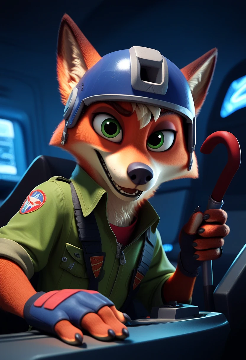 Nick the Fox Man in Zootopia。Star Fox's World 。 posing in a cool way 。 Wearing Star Fox's Clothes。Sitting in the cockpit of the fighter Irwin。 wearing a helmet。 holding a cane in the right hand。Disney movie style 。 has green eyes 。