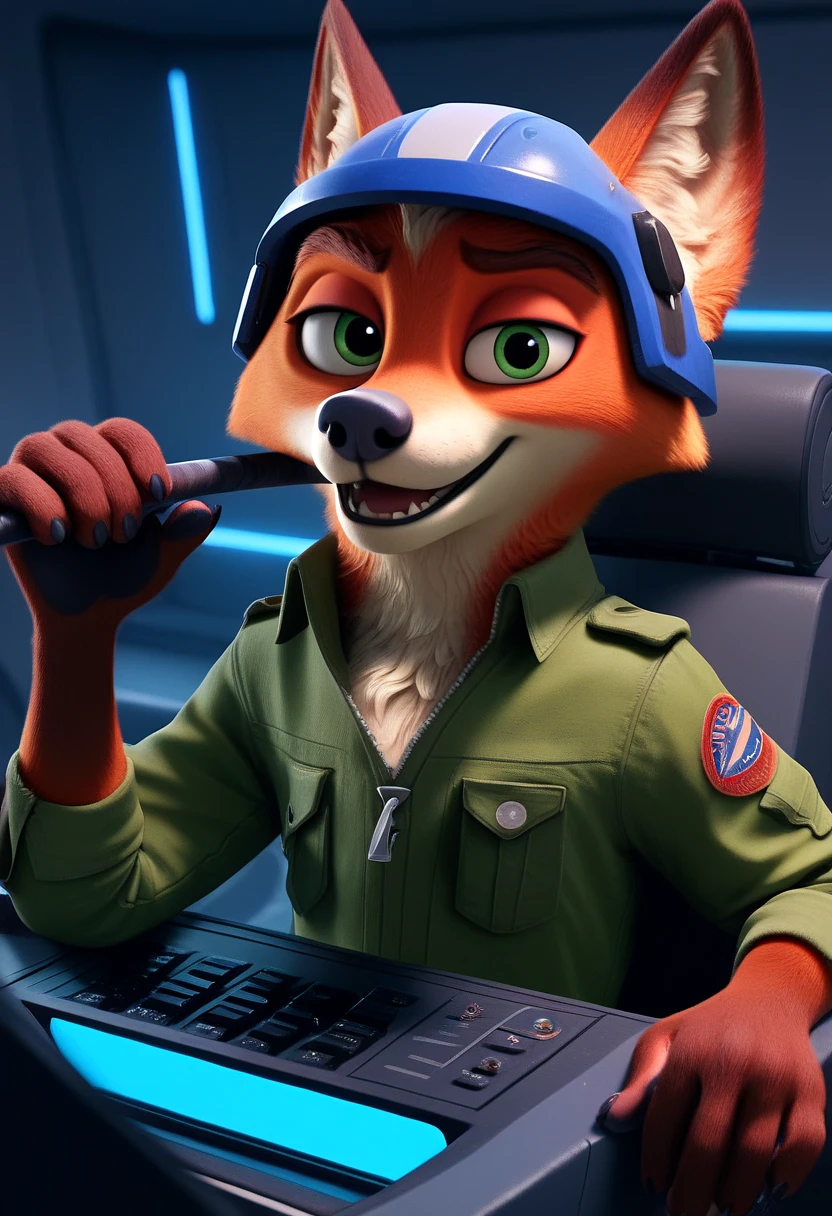 Nick the Fox Man in Zootopia。Star Fox's World 。 posing in a cool way 。 Wearing Star Fox's Clothes。Sitting in the cockpit of the fighter Irwin。 wearing a helmet。 holding a cane in the right hand。Disney movie style 。 has green eyes 。