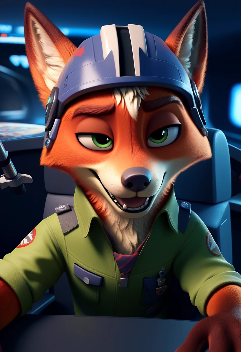 Nick the Fox Man in Zootopia。Star Fox's World 。 posing in a cool way 。 Wearing Star Fox's Clothes。Sitting in the cockpit of the fighter Irwin。 wearing a helmet。 holding a cane in the right hand。Disney movie style 。 has green eyes 。