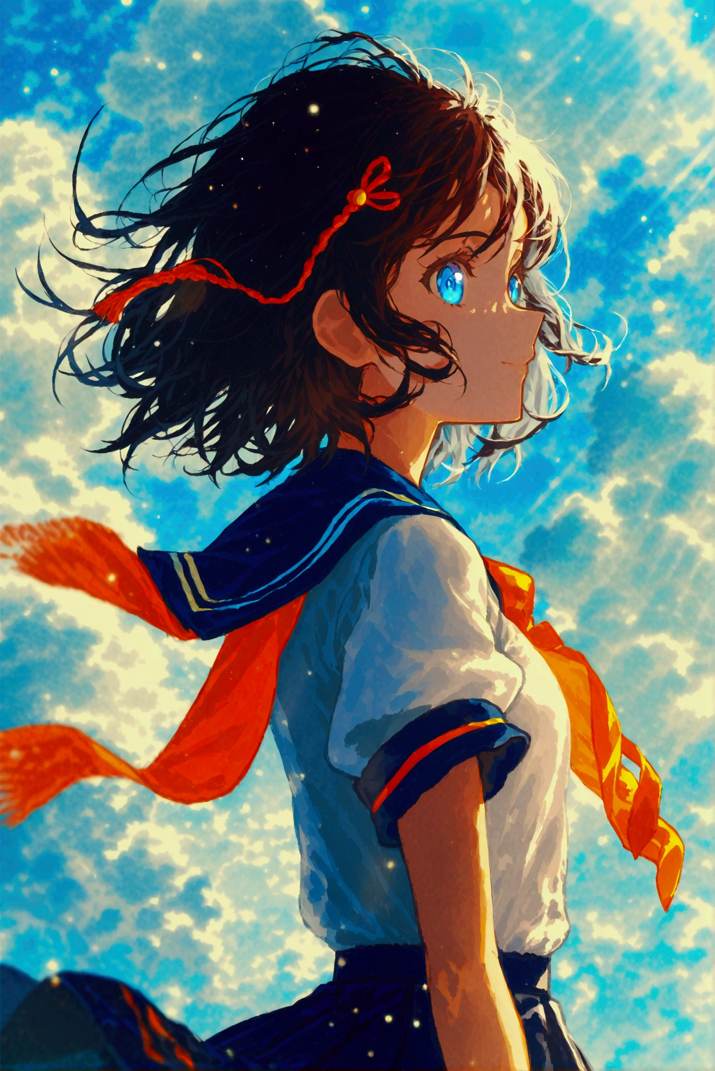 A mesmerizing anime illustration portraying a girl with soft, relaxed hair and bright, emotive blue eyes. She dons a Japanese school uniform with a blue sailor top and a vivid orange necktie. The backdrop is a vivid blue sky filled with fluffy white clouds and glowing sunrays, capturing a harmonious blend of joy and introspection.