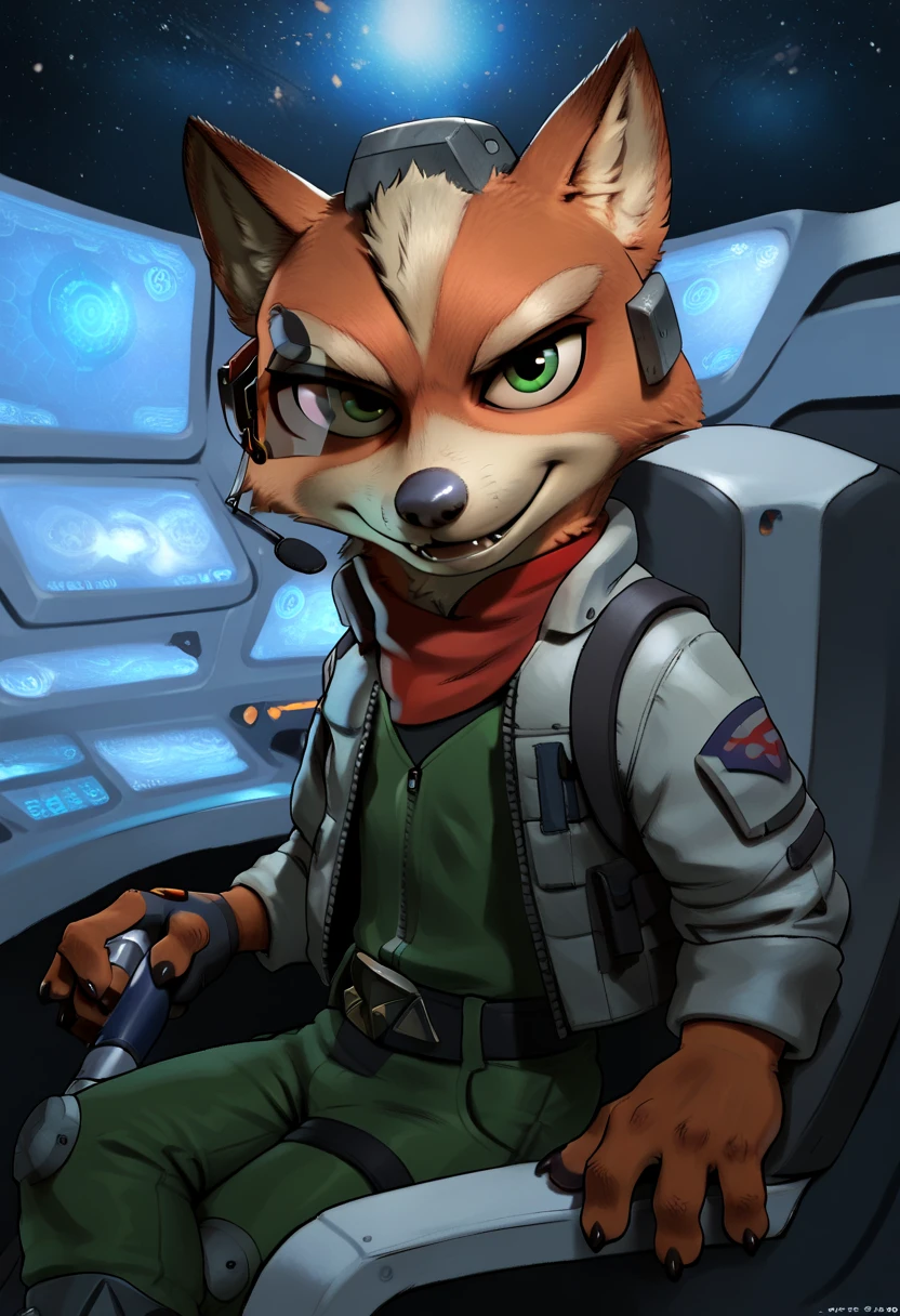 Nick the Fox Man in Zootopia。Star Fox's World 。 posing in a cool way 。 Wearing Star Fox's Clothes。Sitting in the cockpit of the fighter Irwin。 wearing a helmet。 holding a cane in the right hand。Disney movie style 。 has green eyes 。