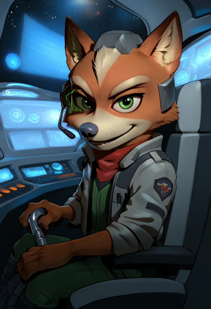 Nick the Fox Man in Zootopia。Star Fox's World 。 posing in a cool way 。 Wearing Star Fox's Clothes。Sitting in the cockpit of the fighter Irwin。 wearing a helmet。 holding a cane in the right hand。Disney movie style 。 has green eyes 。