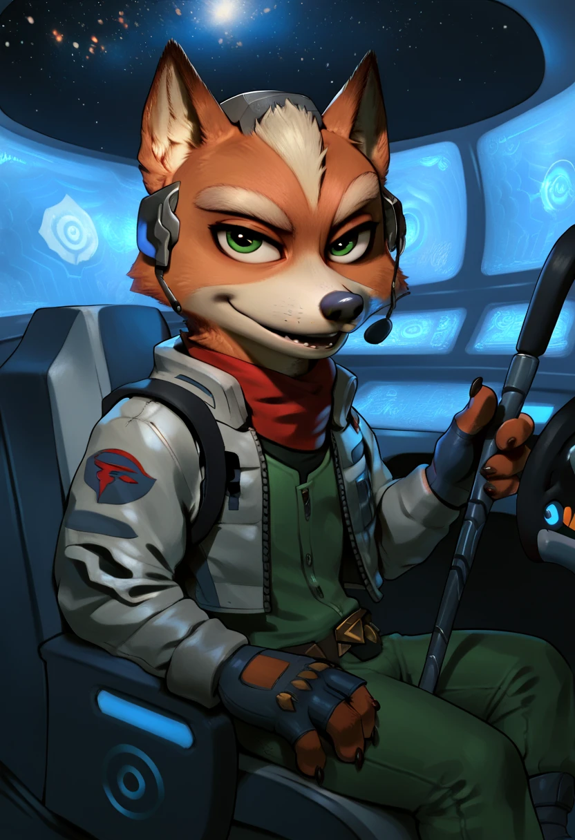 Nick the Fox Man in Zootopia。Star Fox's World 。 posing in a cool way 。 Wearing Star Fox's Clothes。Sitting in the cockpit of the fighter Irwin。 wearing a helmet。 holding a cane in the right hand。Disney movie style 。 has green eyes 。