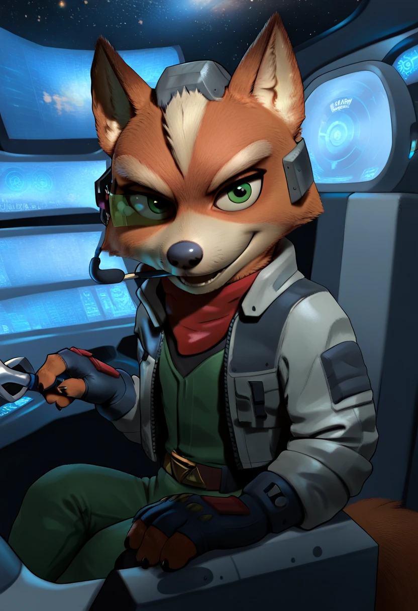 Nick the Fox Man in Zootopia。Star Fox's World 。 posing in a cool way 。 Wearing Star Fox's Clothes。Sitting in the cockpit of the fighter Irwin。 wearing a helmet。 holding a cane in the right hand。Disney movie style 。 has green eyes 。