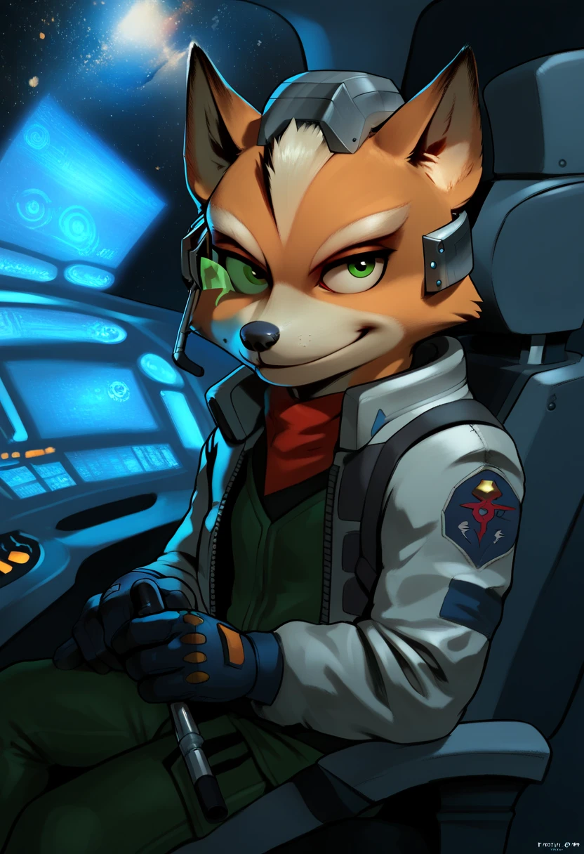 Nick the Fox Man in Zootopia。Star Fox's World 。 posing in a cool way 。 Wearing Star Fox's Clothes。Sitting in the cockpit of the fighter Irwin。 wearing a helmet。 holding a cane in the right hand。Disney movie style 。 has green eyes 。