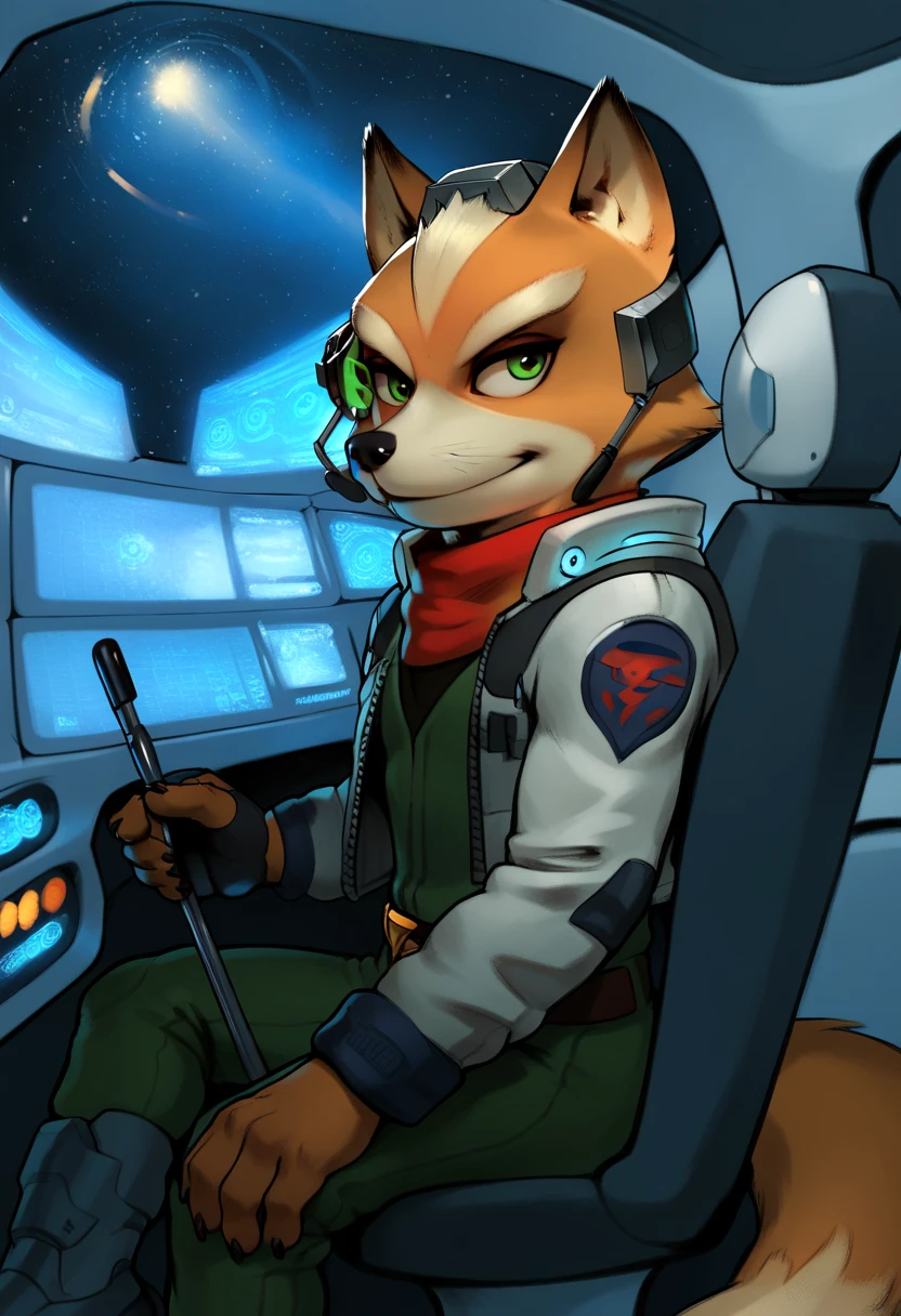 Nick the Fox Man in Zootopia。Star Fox's World 。 posing in a cool way 。 Wearing Star Fox's Clothes。Sitting in the cockpit of the fighter Irwin。 wearing a helmet。 holding a cane in the right hand。Disney movie style 。 has green eyes 。