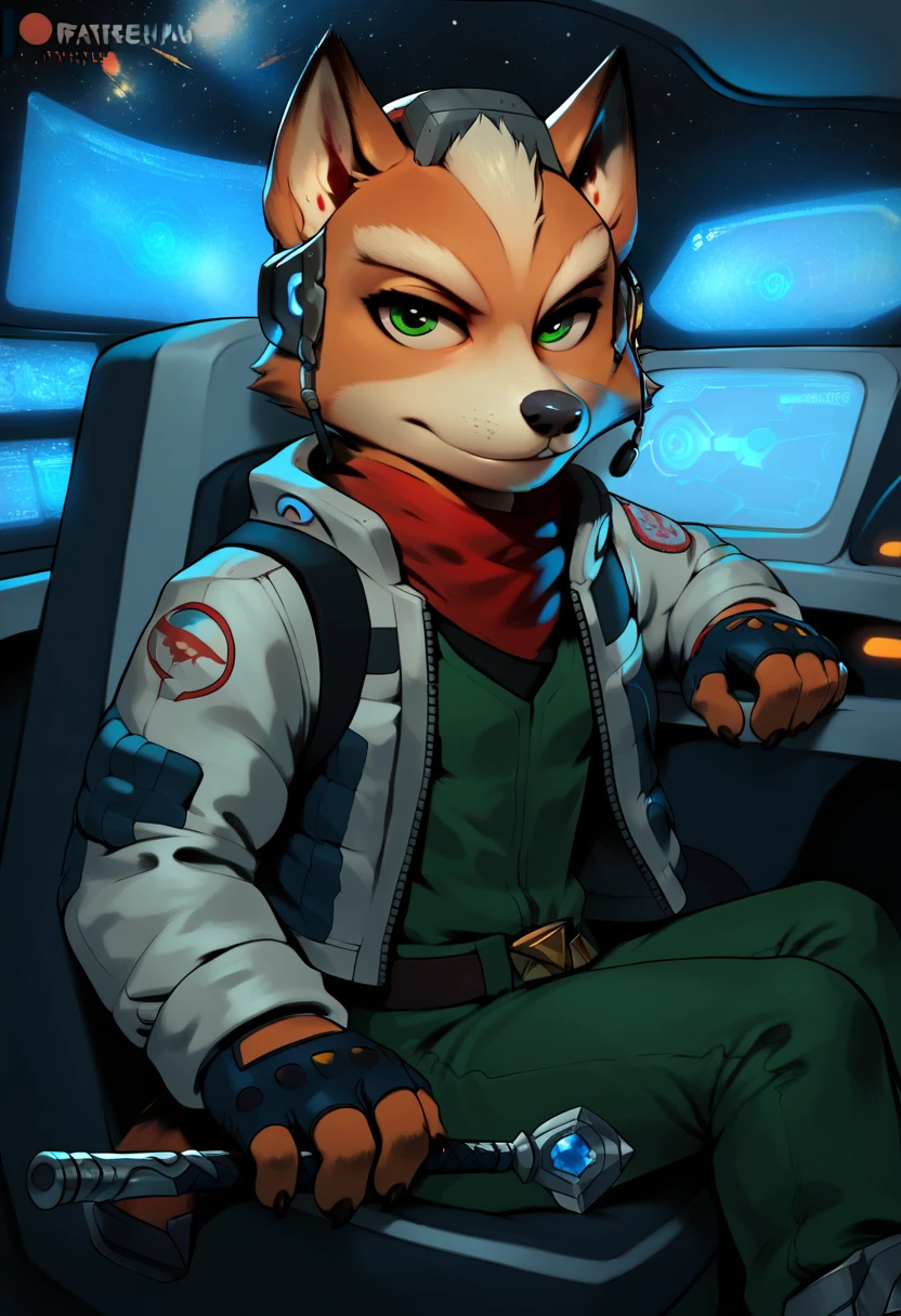 Nick the Fox Man in Zootopia。Star Fox's World 。 posing in a cool way 。 Wearing Star Fox's Clothes。Sitting in the cockpit of the fighter Irwin。 wearing a helmet。 holding a cane in the right hand。Disney movie style 。 has green eyes 。