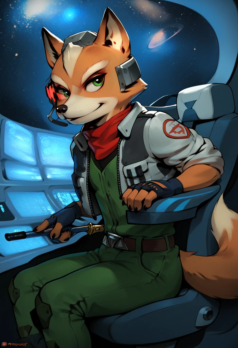 Nick the Fox Man in Zootopia。Star Fox's World 。 posing in a cool way 。 Wearing Star Fox's Clothes。Sitting in the cockpit of the fighter Irwin。 wearing a helmet。 holding a cane in the right hand。Disney movie style 。 has green eyes 。