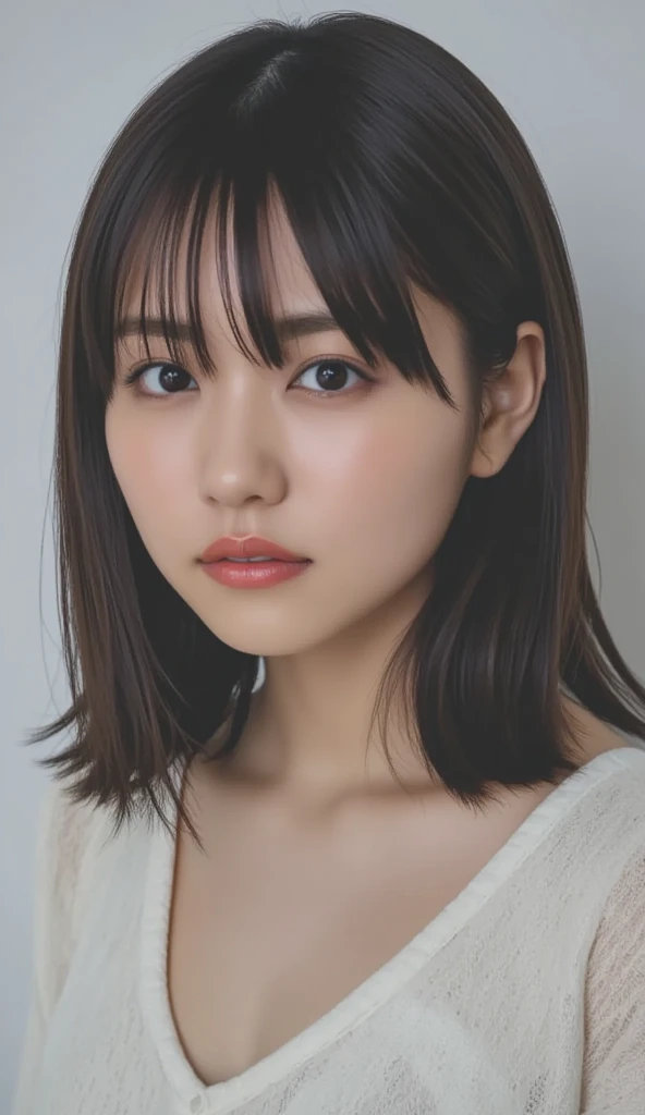  1 girl、Photo Mapping、Physically based rendering、 high image quality、 High Definition 、1080P、( beautiful faces)、(Detailed description of the face)、( Detailed description of the hand setter&#39;Muscle area)、( CG in detail)、 rich details 、( Stunning Features :1.35)、( detail eyes)、 of cute ladies are looking forward to your eyes、Delicate clavicle、 Various Poses、 very realistic and detailed upper body portrait of a young woman。The skin is beautiful、 soft light reflecting high on her cheeks .、 Tiny pores and hair follicles、 You can see even the thinnest blood vessels 。The skin is smooth、natural flushing of cheeks 、Healthy glow。 The eyes are large and clear blue、Her iris has fine patterning、 Light is reflecting and shining in the eye。 There is a slight shadow under her eye 、 Her eyelashes are long and naturally curled。 her lips are soft pink 、Smooth texture with a natural glow、 Slightly reflects light。  the woman wears a simple white top  .、 background is pale black and white gradation .、 The focus is entirely on the face and upper body。 Realistic shadows and textures、 picture-like depiction.。
