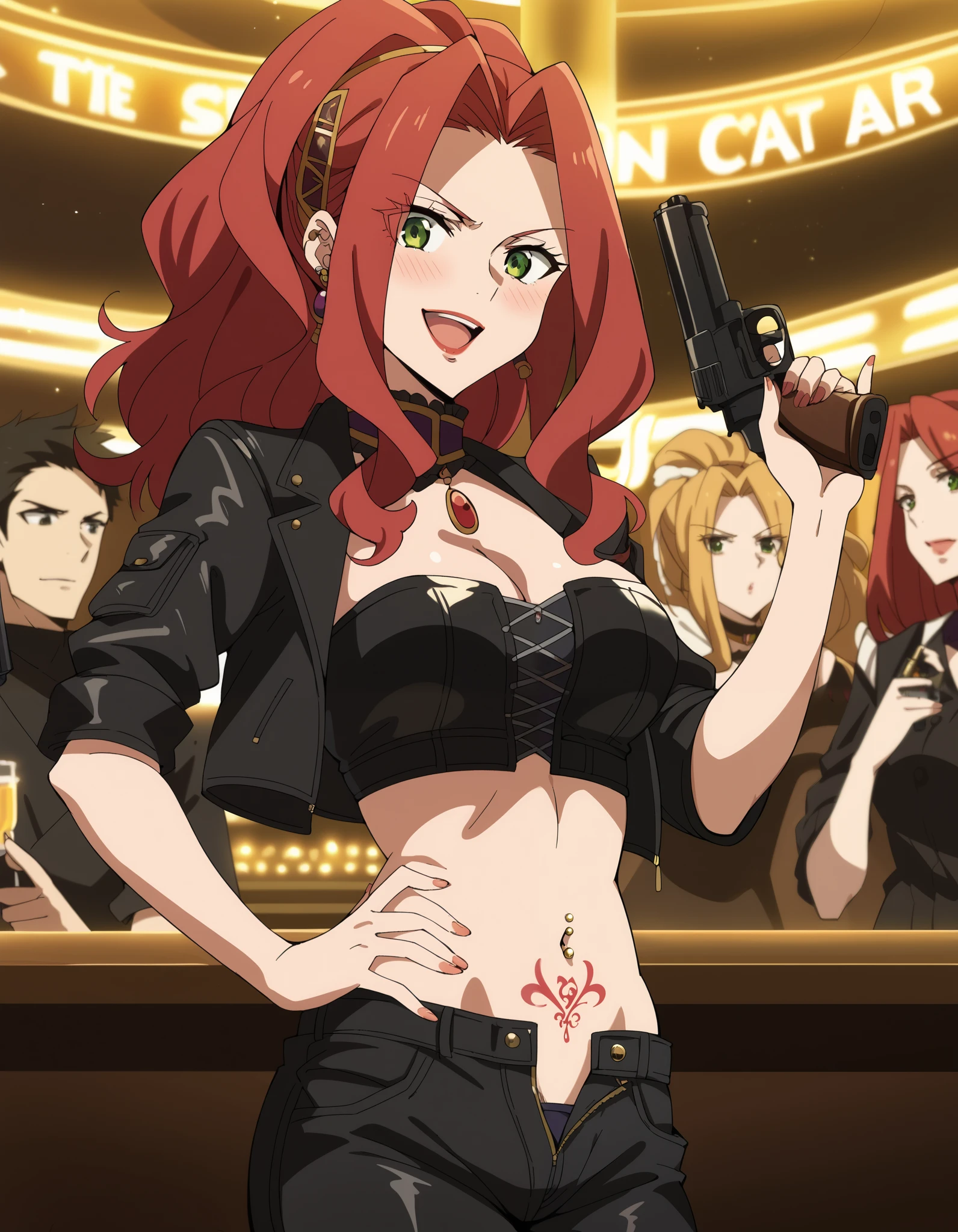 score_9, score_8_up, score_7_up, source_anime, malty melromarc, long hair, green eyes, red hair, parted bangs, ponytail, medium breasts,  , hand on bellybutton, blush,, ear piercing, long hair, blush, lipstick,Hot girl, baddie, smoking, sensual, attractive ,bar background, inside bar,indoors, cityscape, casino, nightclub, city lights, masterpiece, best quality, highly detailed, a girls with a gun, evil smile , open mouth, sexy gaze, badass
pose , evil smile, smile, (nsfw) not safe for work, guns blazing, anime girl with long hair, beautiful long
haired girl, navel, evil expression, exposed belly, exposed navel, exposed midriff, exposed lower belly,
long black pants, crop top, cleavage, unbuttoned leather pants ,open fly, low rise black leather pants,
leather jacket, holding a gun, holding pistol, cleavage, unbuttoned shirt,shirt, knot,navel piercing , dragon tattoo , tattoo midriff, rose tattoo, shiny skin