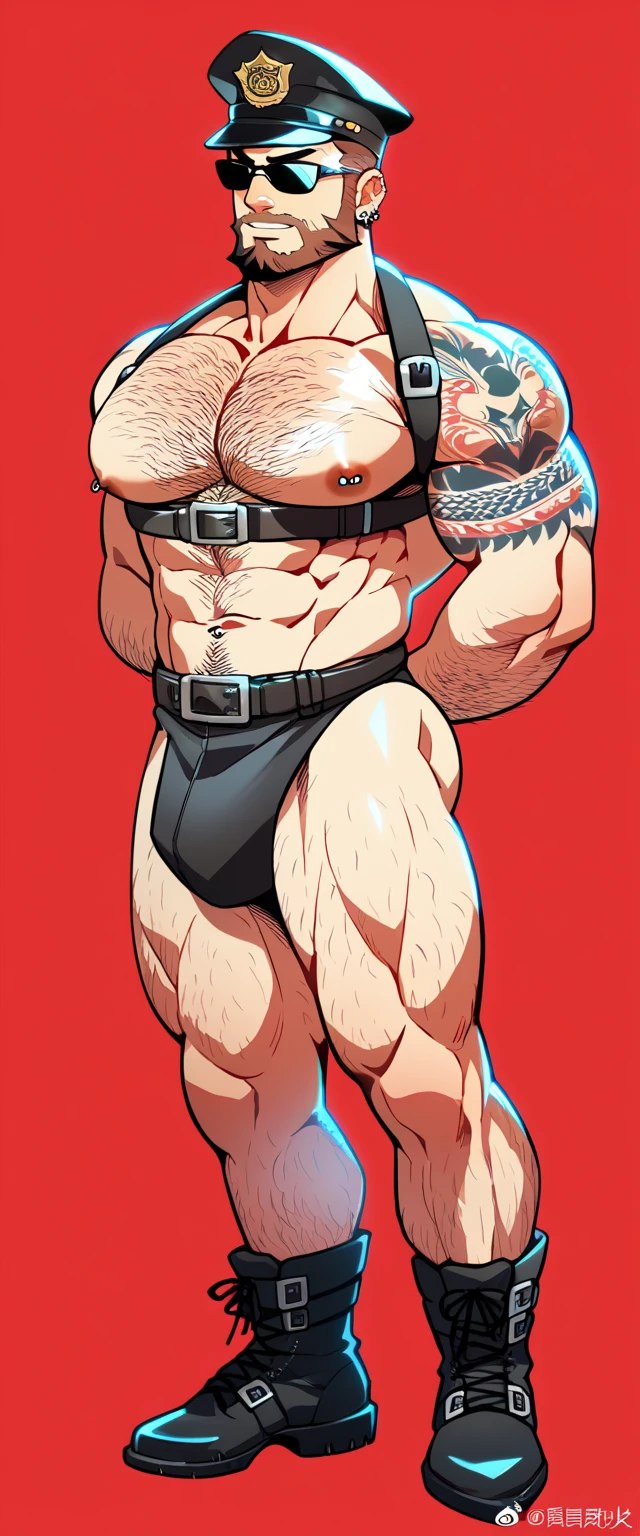 nappa, male focus, solo,cowboy shot, 1boy, bald, nipples, muscular male, angry, abs, grin,black vambraces, veins, pectorals, thighs, black eyes, topless male, mustache, (black briefs), (best quality, masterpiece) , NSFW , BDSM , Massive bulge , full body