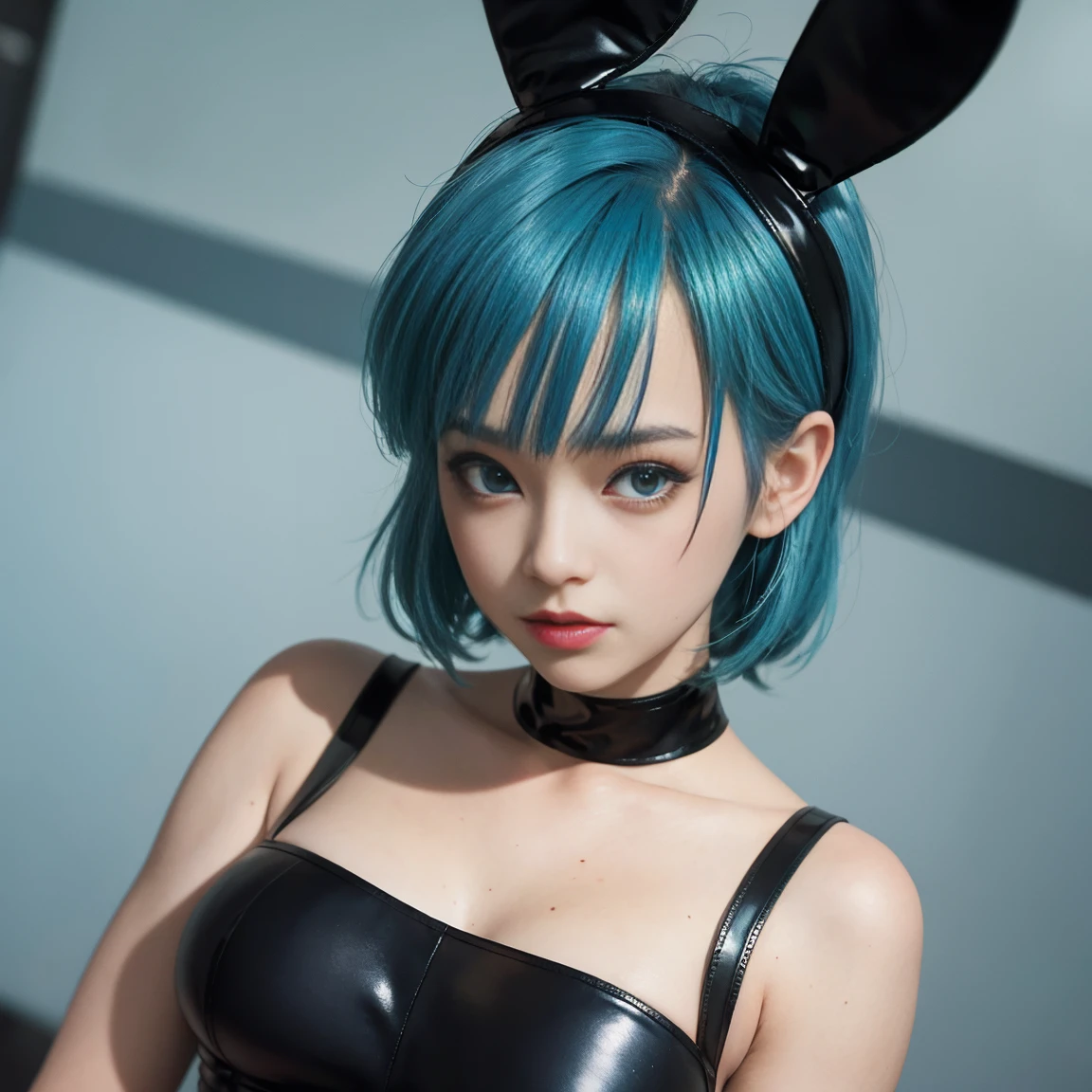 Bulma from one piece, short blue hair, cute face wearing a black bunny(playboy) costume