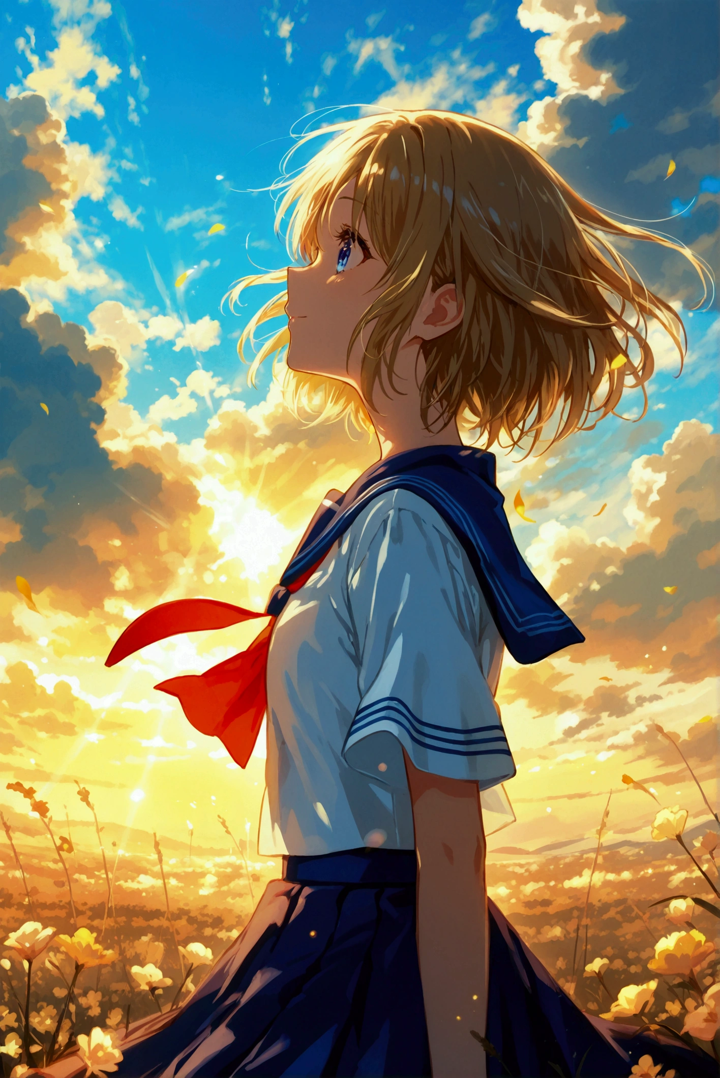 A spellbinding anime illustration of a girl with a flowing, carefree hairstyle that dances gently in the breeze, her striking blue eyes radiating a mix of wonder and nostalgia. She wears a traditional Japanese school uniform, its crisp blue sailor top and vivid orange necktie adding a vibrant contrast to her serene demeanor. Surrounding her is a vast blue sky, alive with billowing white clouds and golden sunbeams filtering through, casting a dreamy glow over the scene. The moment feels as if it’s frozen in time, capturing the girl’s quiet reflection amidst a world full of light and life.