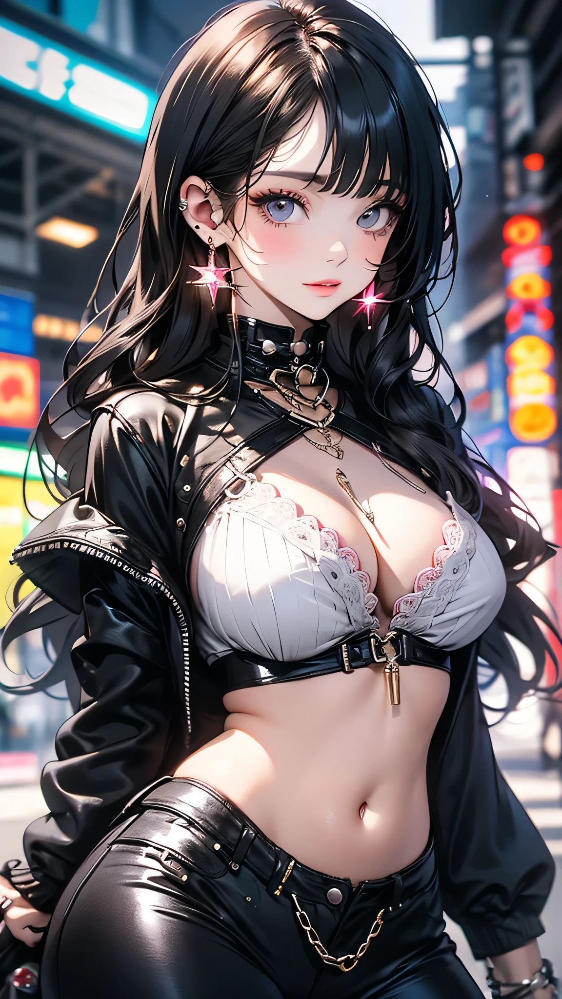 (8 thousand、top quality、masterpiece:1.2)、(realistic、realistic:1.37)、((summer night street background)), very detailed、1 21-year-old woman、cute、solo、(smile:1.15)、(Shut up)、very large breasts、beautiful and delicate eyes、(((See-through collar shirt draped over shoulders))), belly button visible, Thin white see-through thong tank top, ((No Braza)), The cleavage is visible, (Wearing T-panties with ivory lace), (show your pussy), looking at the camera, dating you, handbag, earring, A woman who wants to have sex, very erotic pose, coming towards you.