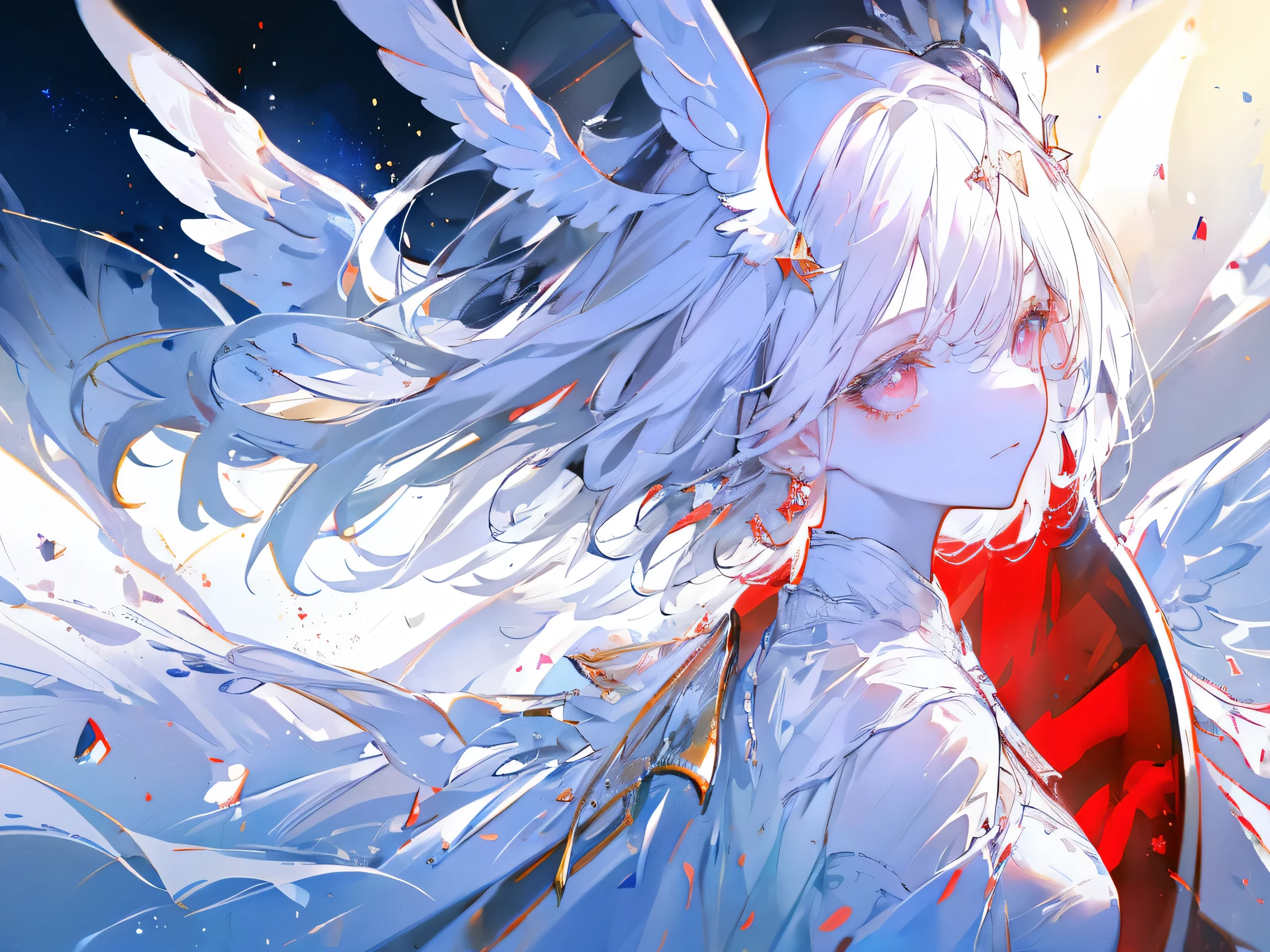 Designed by nty, 1 girl, (((8K, RAW photos, best quality, masterpiece: 1.4))), (((angelic woman))), ultra high resolution, Super detailed, light, Close-up cleavage, beautiful girl, red eyes, (delicate eyes, eyes are very bright:1.2), gray medium length hair, angelic, Pale complexion, Ear piercing, White clothes, Meticulous clothes, gold accessories on clothes, (perfect anatomy:1.2), High quality shadows, natural lighting, (White highlights:1.2), night, cloudy day, (angel wings:1.2), (starry sky:1.2)