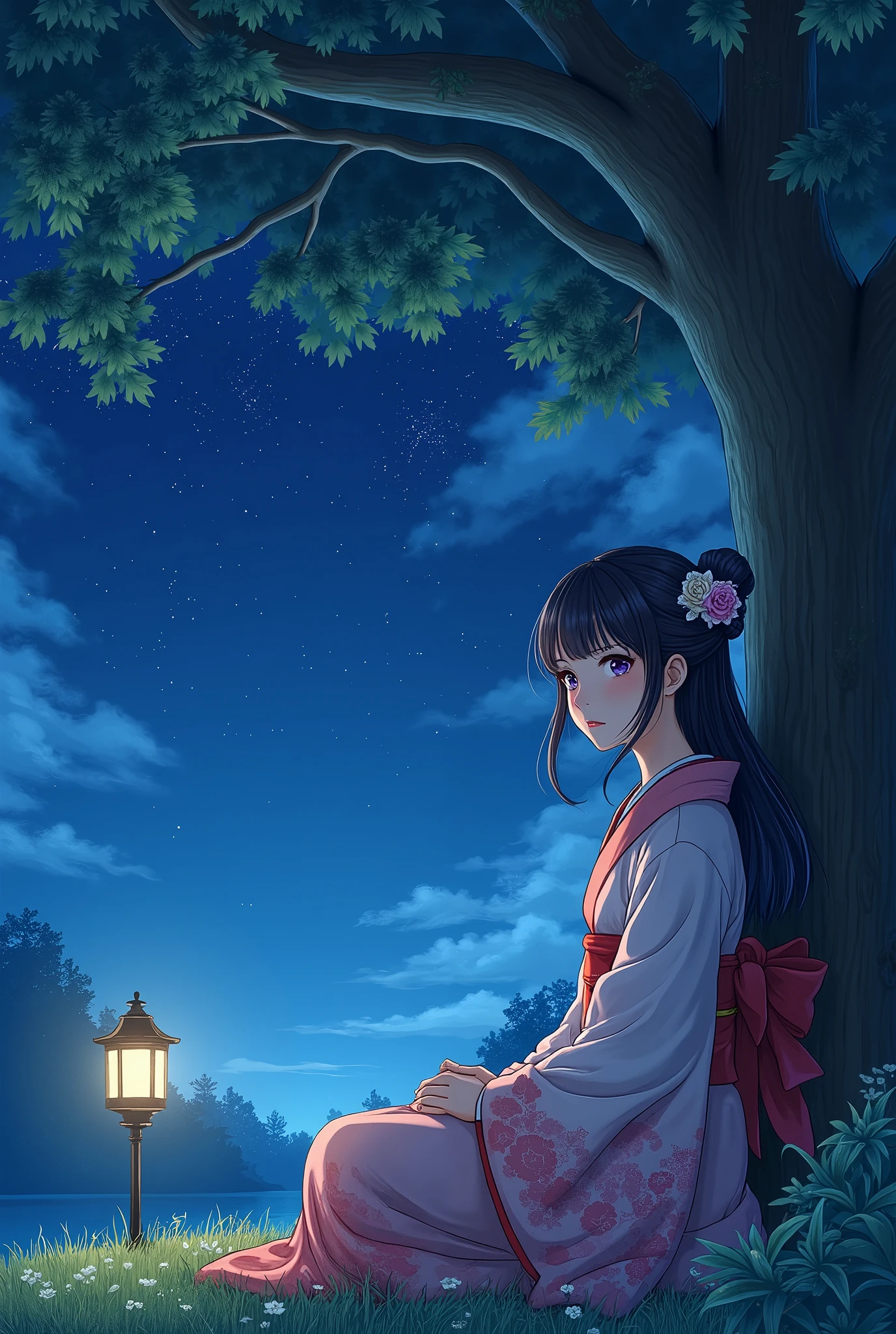 anime,  manga ,  Japanese woman, beautiful, cute,  beauty,  Outstanding style, night,  starry sky , 星が瞬くnight, Moonlight, Large tree, Grass Square, 