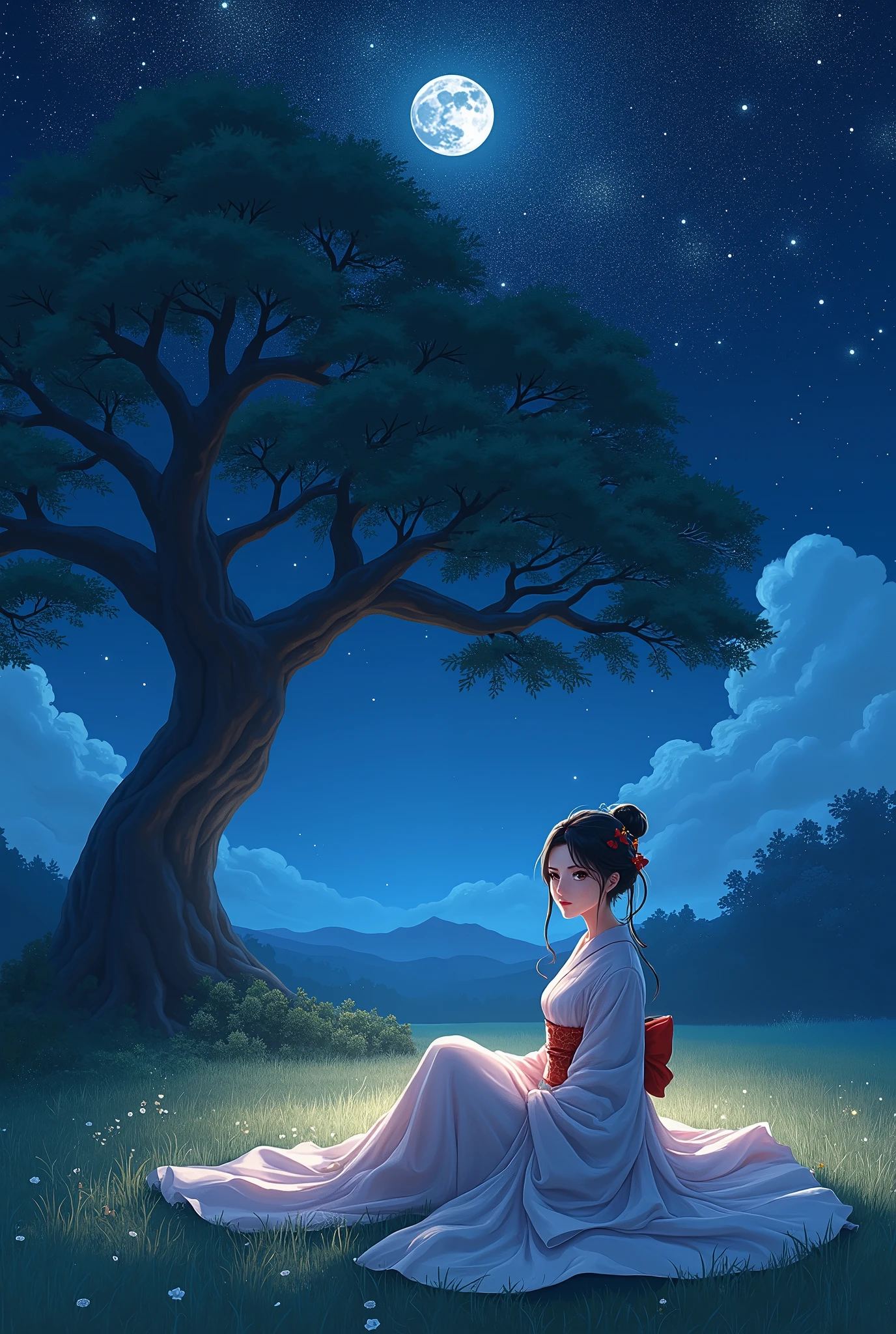 anime,  manga ,  Japanese woman, beautiful, cute,  beauty,  Outstanding style, night,  starry sky , 星が瞬くnight, Moonlight, Large tree, Grass Square, 