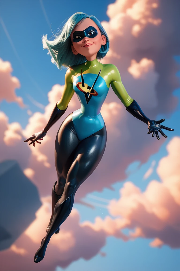 Sexy voyd from the incredibles, tight suit, huge tits,confident pose,small head, flying, adult,full body,strong and detailled abs,aged 25, muscular,clevage,huge thight