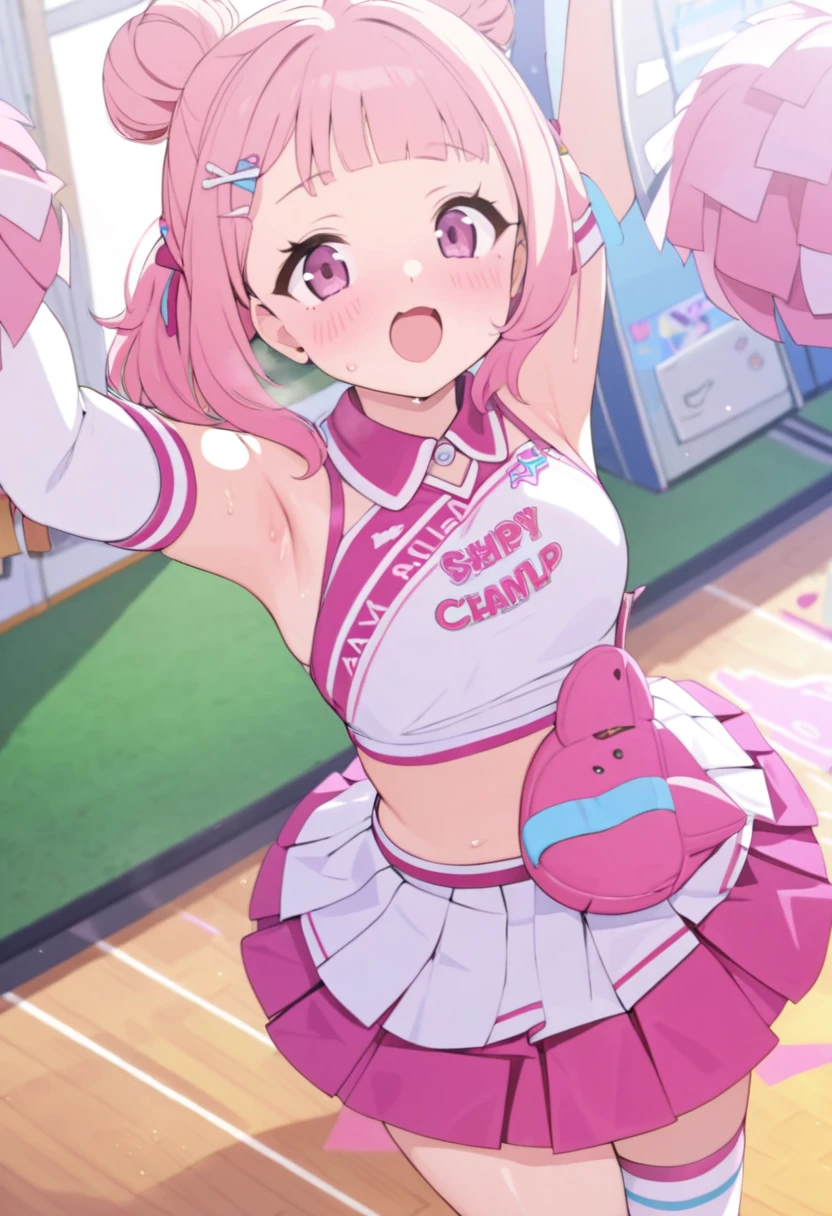 very delicate and beautiful girl,8k wallpaper,masterpiece,danntoudainoaura,Bedroom,1 girl,alone,devil's horns,devil girl,long hair,medium breasts,(cheerleader clothes),((loose socks)),loafers,belly button,looking at the viewer、Photo from below、((mini skirt))、