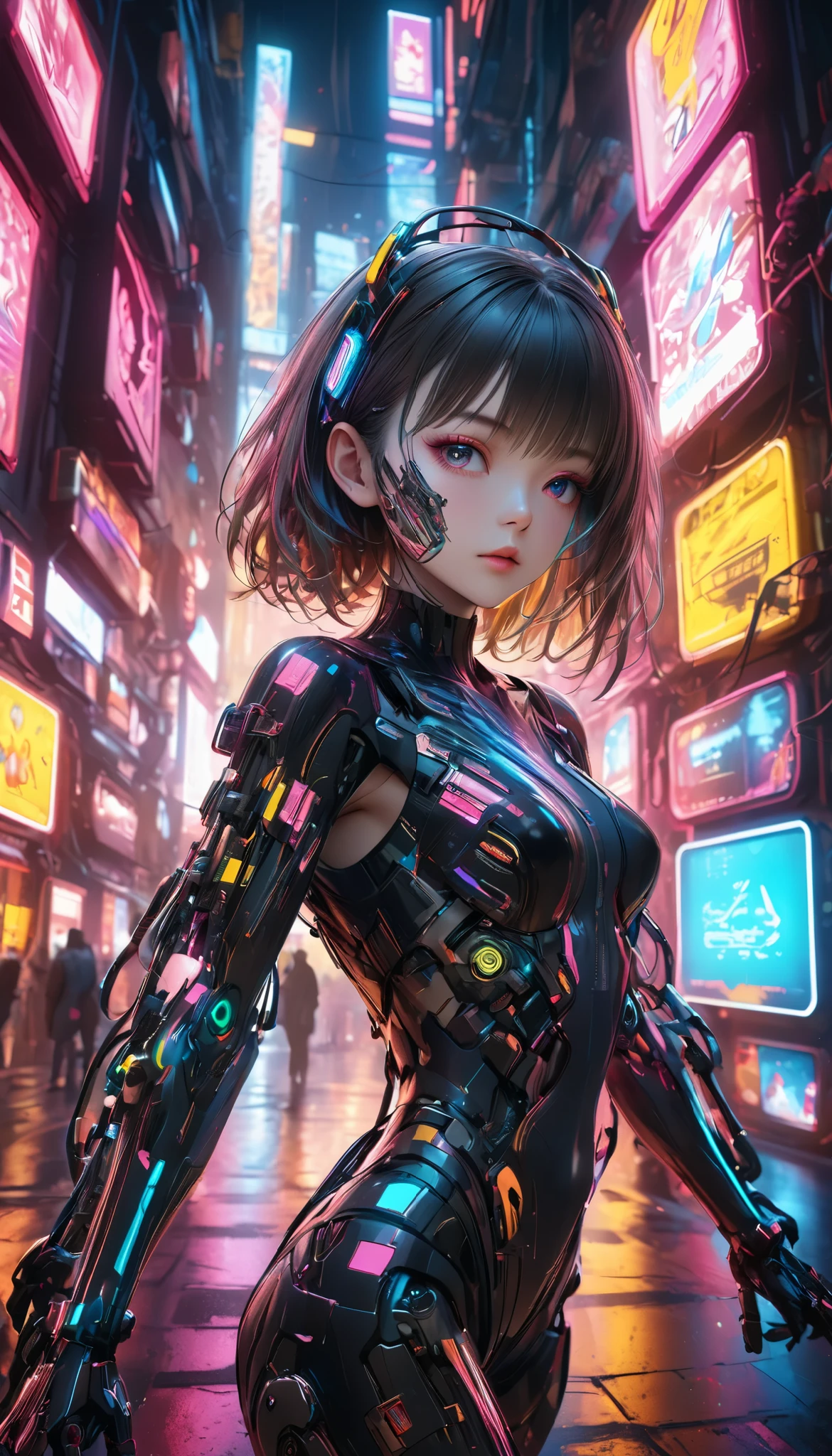 a scrambled cyborg girl, glitchy cyberpunk style, neon lights, surreal, futuristic, intricate mechanical details, robotic limbs, glowing circuits, vibrant colors, 8k, high quality, photorealistic, 3d rendering