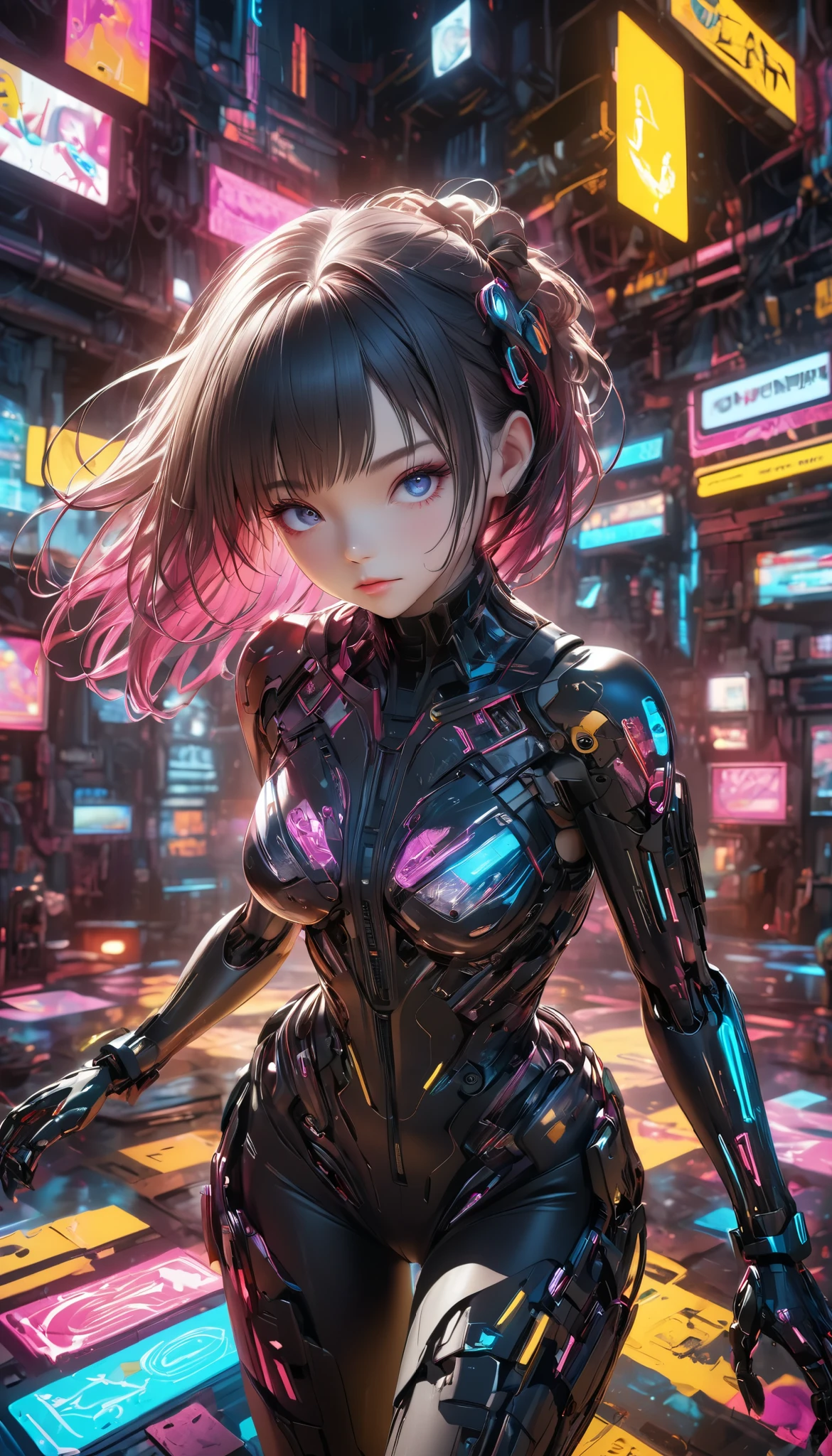 a scrambled cyborg girl, glitchy cyberpunk style, neon lights, surreal, futuristic, intricate mechanical details, robotic limbs, glowing circuits, vibrant colors, 8k, high quality, photorealistic, 3d rendering