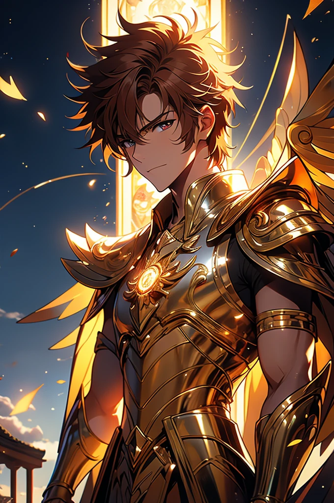 [8k, 32k, ultra quality image, excellence and power] human man, red-brown hair, naturally handsome and attractive face, orange and detailed eyes, gentle and peaceful expression, gentle smile. silver and divine armor, divine armor with wings attached to it and ultra detailed, character looking fixedly at the viewer, background of peaceful village and blue sky, effect of solar lights on the character