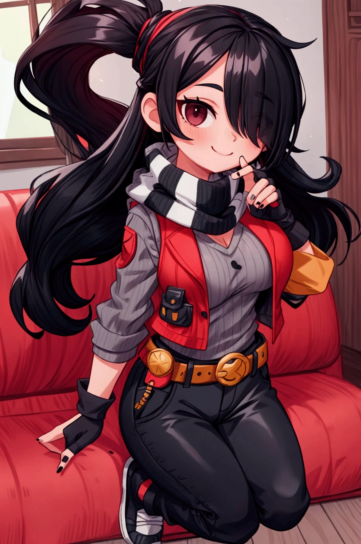 Girl, focus, black hair, long hair, hair over one eye, black nails, striped scarf, scarf over mouth, gray shirt, red vest, fingerless gloves, belt, black pants, shoes, pronounced big breast, smile, indoor

