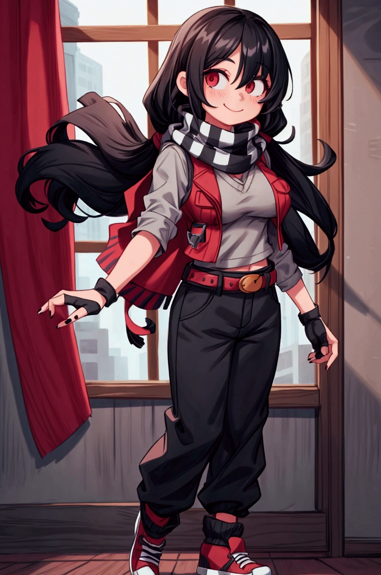 Girl, focus, black hair, long hair, hair over one eye, black nails, striped scarf, scarf over mouth, gray shirt, red vest, fingerless gloves, belt, black pants, shoes, pronounced big breast, smile, indoor

