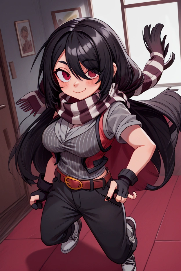 Girl, focus, black hair, long hair, hair over one eye, black nails, striped scarf, scarf over mouth, gray shirt, red vest, fingerless gloves, belt, black pants, shoes, pronounced big breast, smile, indoor

