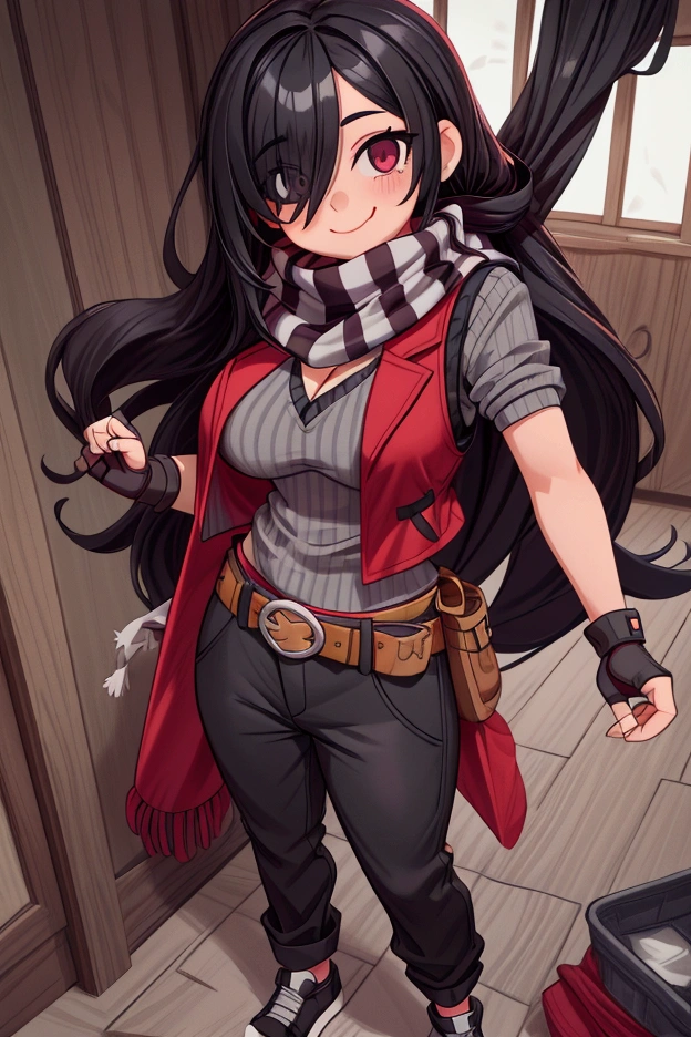 Girl, focus, black hair, long hair, hair over one eye, black nails, striped scarf, scarf over mouth, gray shirt, red vest, fingerless gloves, belt, black pants, shoes, pronounced big breast, smile, indoor

