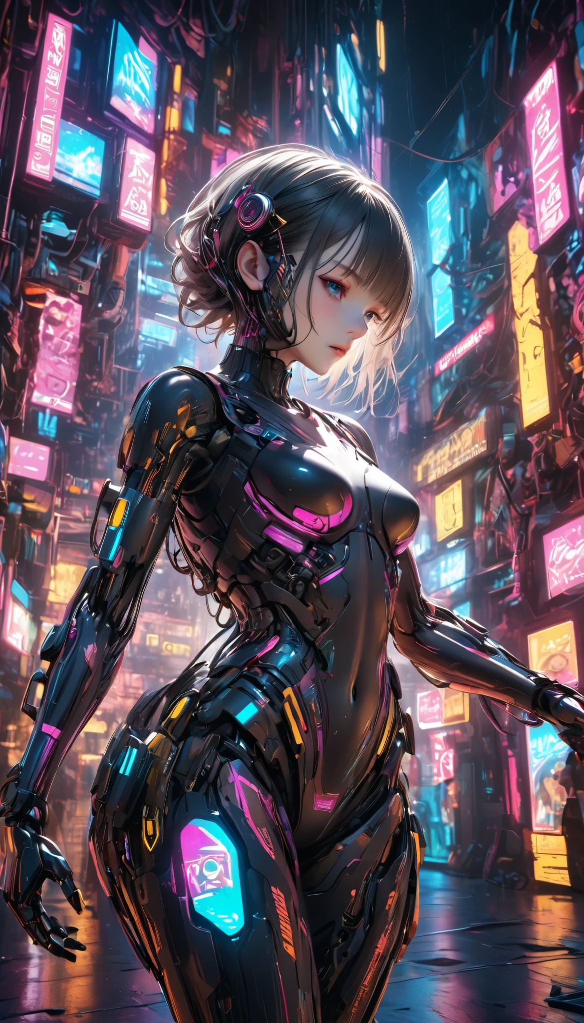 a scrambled cyborg girl, glitchy cyberpunk style, neon lights, surreal, futuristic, intricate mechanical details, robotic limbs, glowing circuits, vibrant colors, 8k, high quality, photorealistic, 3d rendering