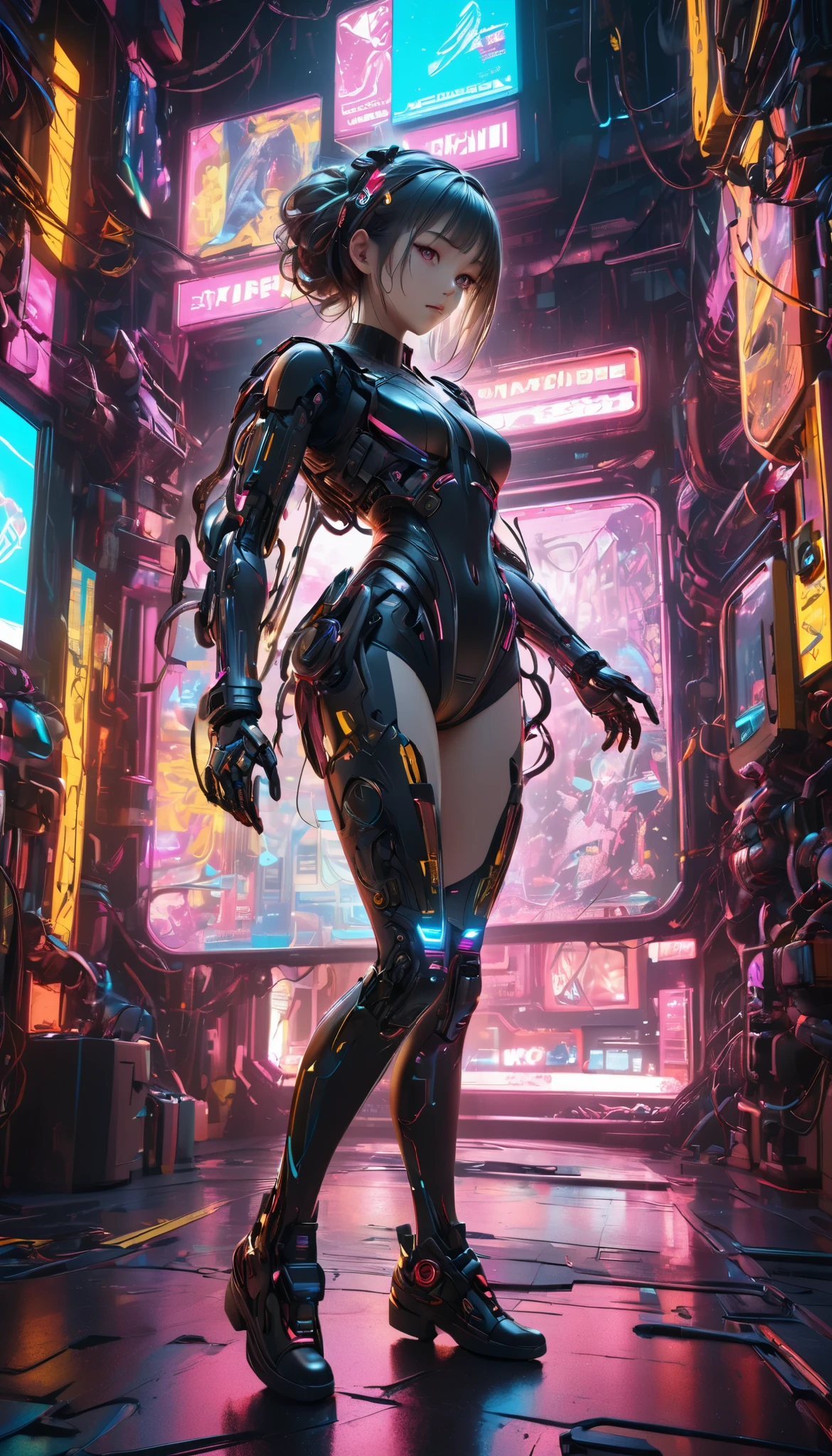 a scrambled cyborg girl, glitchy cyberpunk style, neon lights, surreal, futuristic, intricate mechanical details, robotic limbs, glowing circuits, vibrant colors, 8k, high quality, photorealistic, 3d rendering