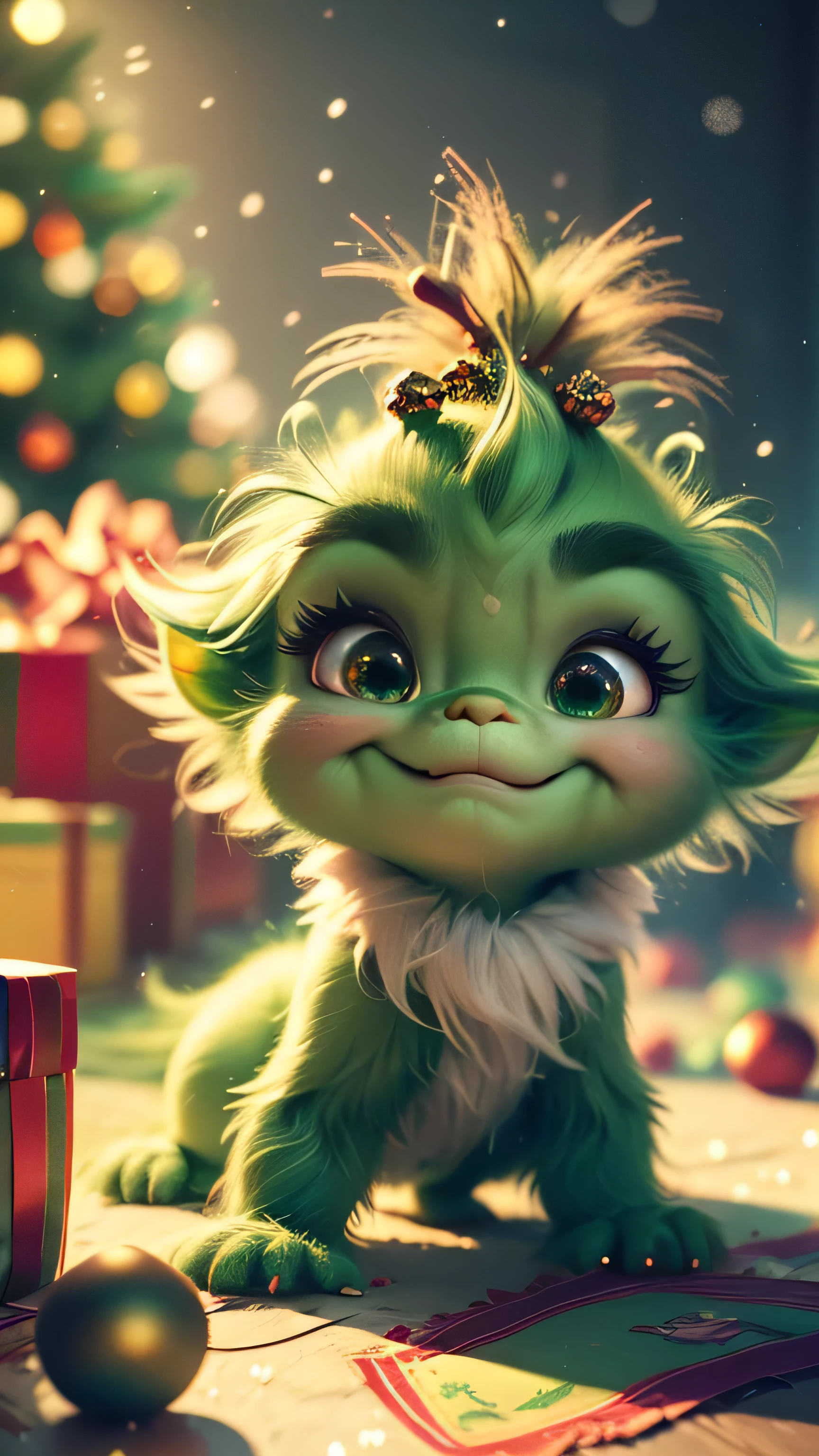 (Best Quality, Super Detail, Masterpiece, Representative Work, Official Art, Professional, Super High Detail, 8k:1.3), (Full Body) Very cute baby Grinch crawling around with other baby Grinches, they all have Santa outfits on, one has a sign saying Where is Santa. Hyperrealistic, splash art, concept art, mid shot, intricately detailed, color depth, vivid colors, dramatic, 2/3 face angle, side light, colorful background. Xmas lights in background and Xmas tree. Christmas theme, blurred background, fantasy, Gouves style artwork, realism: 1.37, (super fine fantasy art), masterpiece, high quality design and accurate physics (super accurate fantasy style)) art, dark fantasy style)), super accurate design and accurate physics), color, depth of field, shadows, ray tracing, (accurate simulation of the interaction of light and materials)], intricate Christmas decorations, glowing garlands, sparkling decoration, natural light, soft background, photorealistic, sparkling eyes, sharp focus, glowing skin, cute and mischievous look, hint of mischief, dreamy atmosphere, Super glossy effect, delicate details, soft ambient light, (Backlight:1.3), (Cinematic:1.2), intricate details, (ArtStation:1.3)