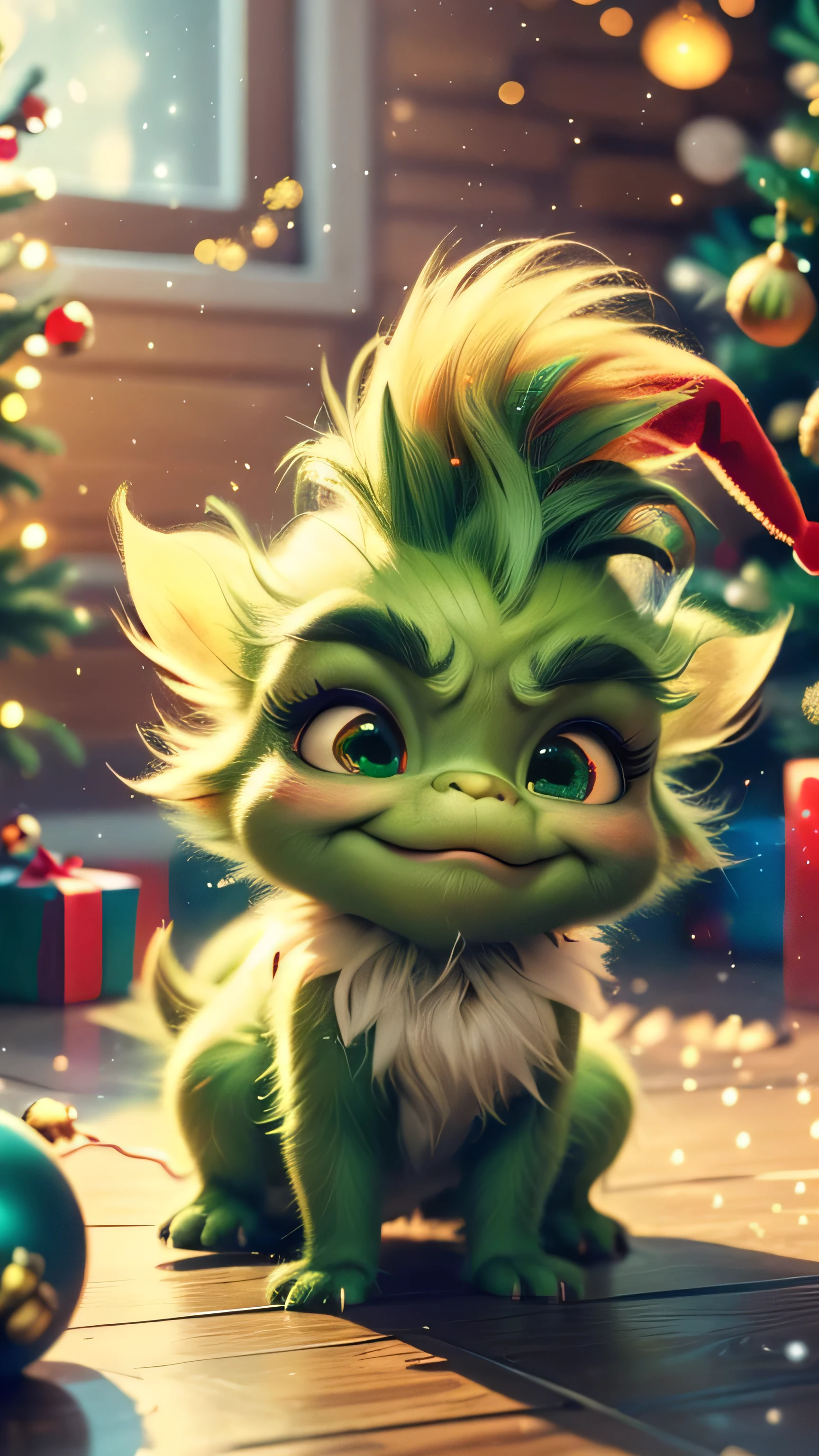 (Best Quality, Super Detail, Masterpiece, Representative Work, Official Art, Professional, Super High Detail, 8k:1.3), (Full Body) Very cute  Grinch crawling around with other babynches, they all have Santa outfits on, one has a sign saying Where is Santa. Hyperrealistic, splash art, concept art, mid shot, intricately detailed, color depth, vivid colors, dramatic, 2/3 face angle, side light, colorful background. Xmas lights in background and Xmas tree. Christmas theme, blurred background, fantasy, Gouves style artwork, realism: 1.37, (super fine fantasy art), masterpiece, high quality design and accurate physics (super accurate fantasy style)) art, dark fantasy style)), super accurate design and accurate physics), color, depth of field, shadows, ray tracing, (accurate simulation of the interaction of light and materials)], intricate Christmas decorations, glowing garlands, sparkling decoration, natural light, soft background, photorealistic, sparkling eyes, sharp focus, glowing skin, cute and mischievous look, hint of mischief, dreamy atmosphere, Super glossy effect, delicate details, soft ambient light, (Backlight:1.3), (Cinematic:1.2), intricate details, (ArtStation:1.3)