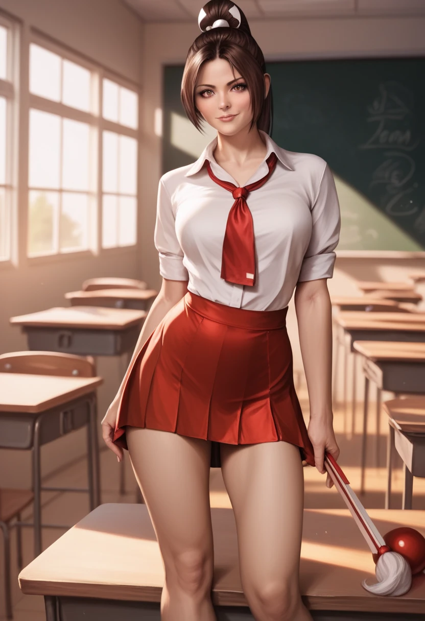 Anime Cell Style, masterpiece, best quality, (photorealistic:1.4), (nsfw;1.9), shiranui mai, classroom, a photo of a beautiful  woman,Brown hair, shag hairstyle, skinny, sexy school uniform, very short skirt, Front View