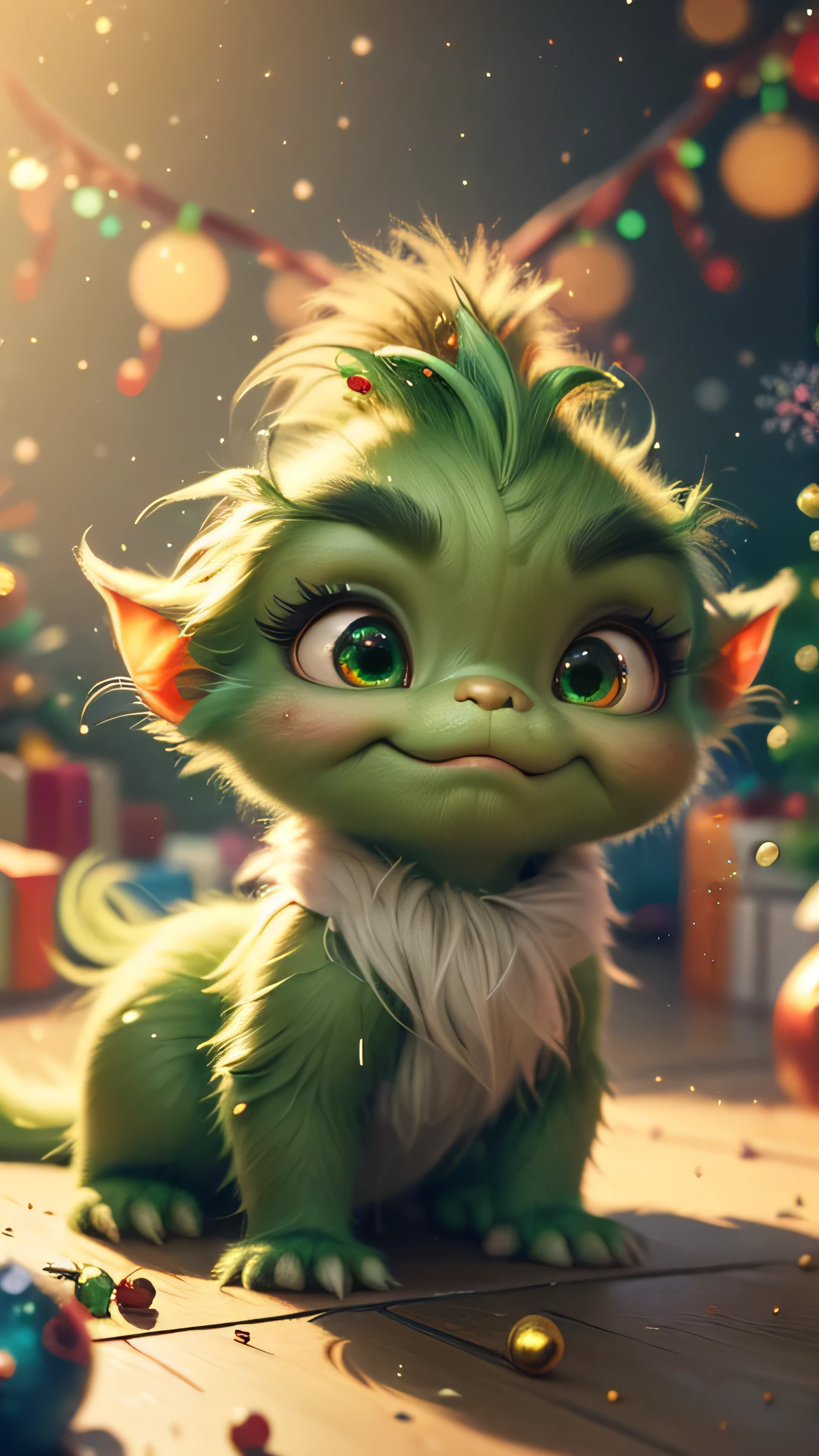 (Best Quality, Super Detail, Masterpiece, Representative Work, Official Art, Professional, Super High Detail, 8k:1.3), (Full Body) Very cute baby Grinch crawling around with other baby Grinches, they all have Santa outfits on, one has a sign saying Where is Santa. Hyperrealistic, splash art, concept art, mid shot, intricately detailed, color depth, vivid colors, dramatic, 2/3 face angle, side light, colorful background. Xmas lights in background and Xmas tree. Christmas theme, blurred background, fantasy, Gouves style artwork, realism: 1.37, (super fine fantasy art), masterpiece, high quality design and accurate physics (super accurate fantasy style)) art, dark fantasy style)), super accurate design and accurate physics), color, depth of field, shadows, ray tracing, (accurate simulation of the interaction of light and materials)], intricate Christmas decorations, glowing garlands, sparkling decoration, natural light, soft background, photorealistic, sparkling eyes, sharp focus, glowing skin, cute and mischievous look, hint of mischief, dreamy atmosphere, Super glossy effect, delicate details, soft ambient light, (Backlight:1.3), (Cinematic:1.2), intricate details, (ArtStation:1.3)