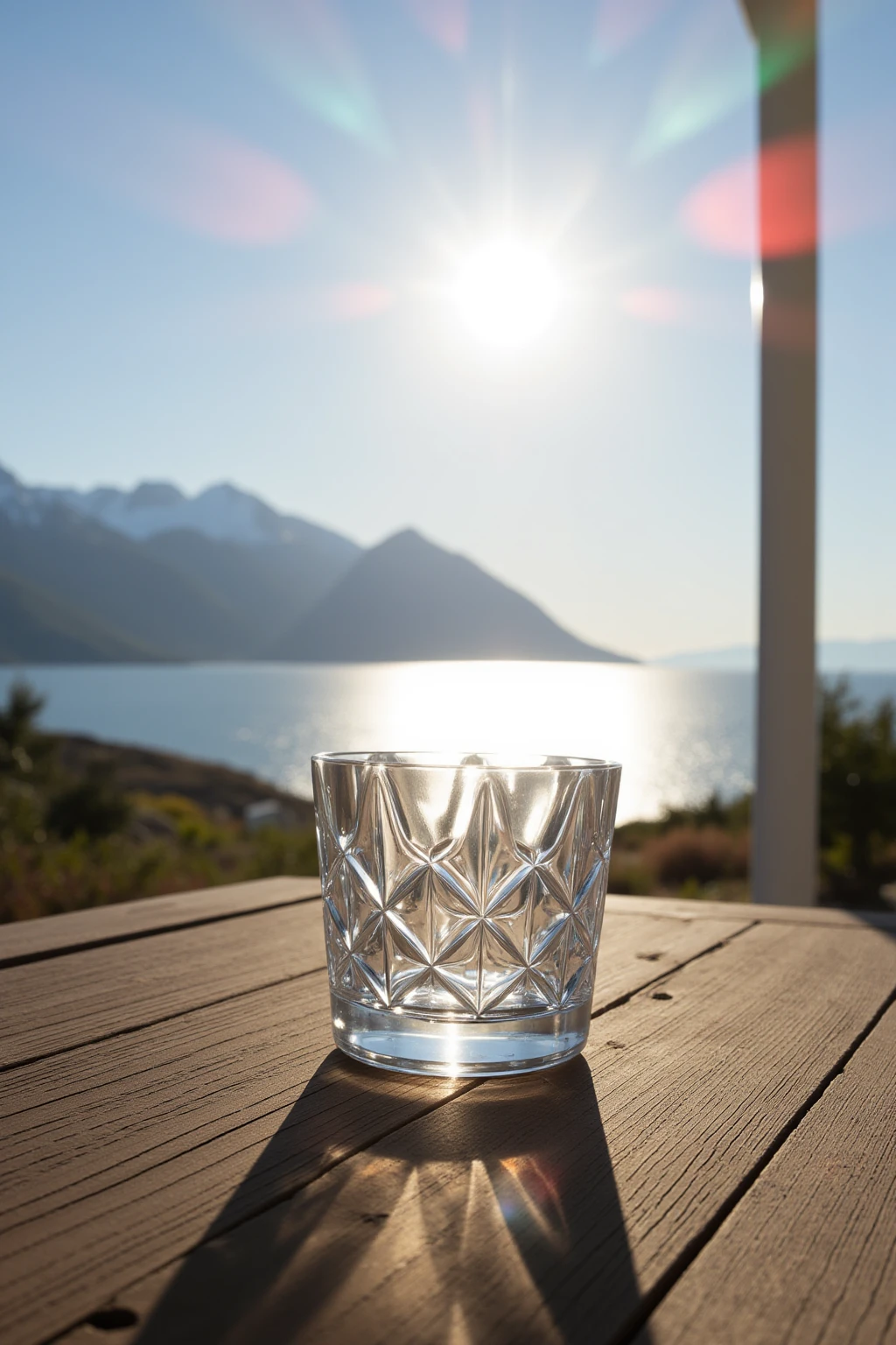 Sunlight shines through crystal glass,The background is the sea and mountains