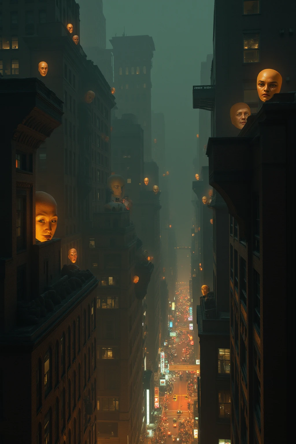 Aliens that look like humans stand all over,  watching the city from above,  灯光 , (elapse (Daniel Monagh ) (Kahn Griffiths) Monika Nowak), highly Detailed, Detailed, software, Alien face