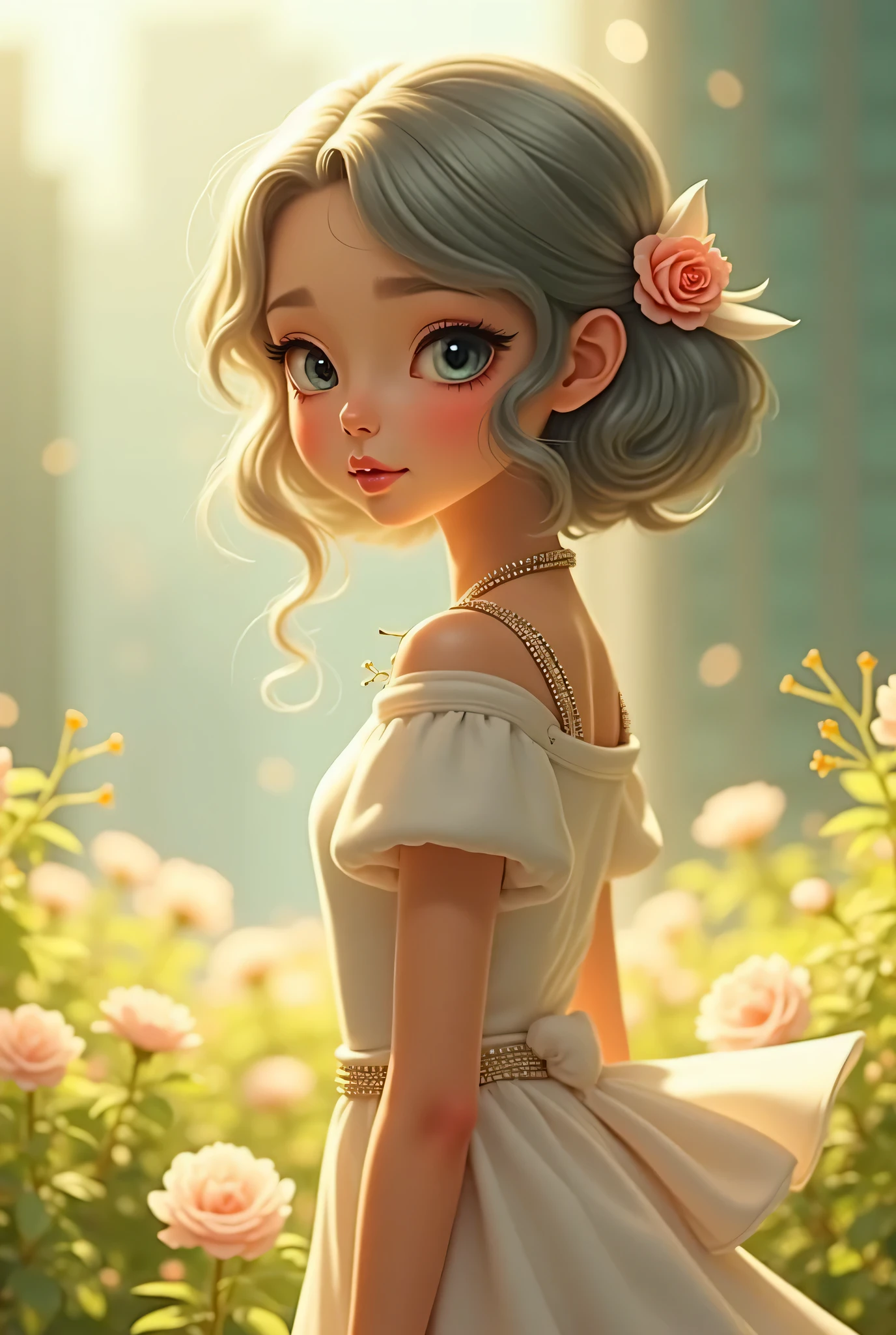 Masterpiece  ,  highest  quality , (   focus), ( Perfect Face:1.1), (  High Details  :1.1),theatrical, 1人, (with fair skin),    long gray hair  , whiteeyes, [light eyebrows],   ,  long gray hair ,  florals , the night,   white luxury suit  , Covered navel, pouting, Covered, The future city,  Detailed background ,   Artgerm and Greg Rutkowski's work,  电影灯光 , Rose flower, Fashionab,   Balenciaga style  