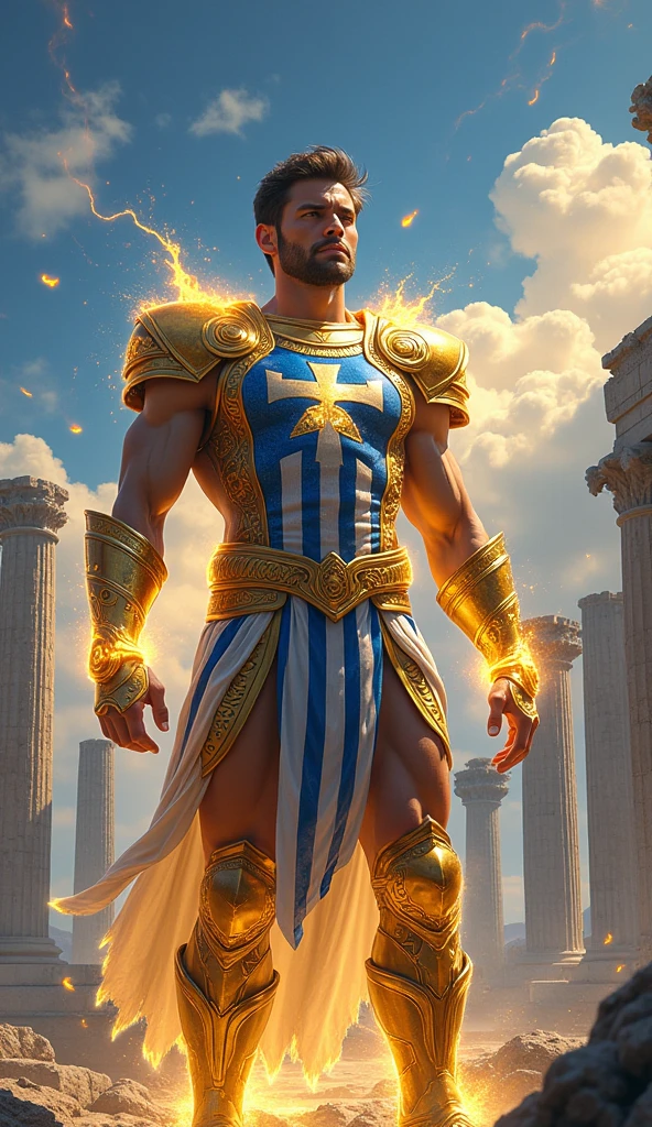 Imagine Zeus, the mighty Greek god, embodied in a DC hero. In shining armor, I raise your hands, controlling lightning and thunder. Epic style, dramatic background, intense colors of gold and electric blue, strong, angular lines, sharp contour. Artist: Creative Apollo. There are no distortions or imperfections in the design, design has a centralized composition, with the focus in the center, design follows a Leonardo Difusion trend, 8k resolution, Graphic Engine 5 engine, 3D image dimension. Avoid deformed or unsightly physical or aesthetic features, maintaining the grandeur and grandeur of the Greek god in the DC hero --auto --s2