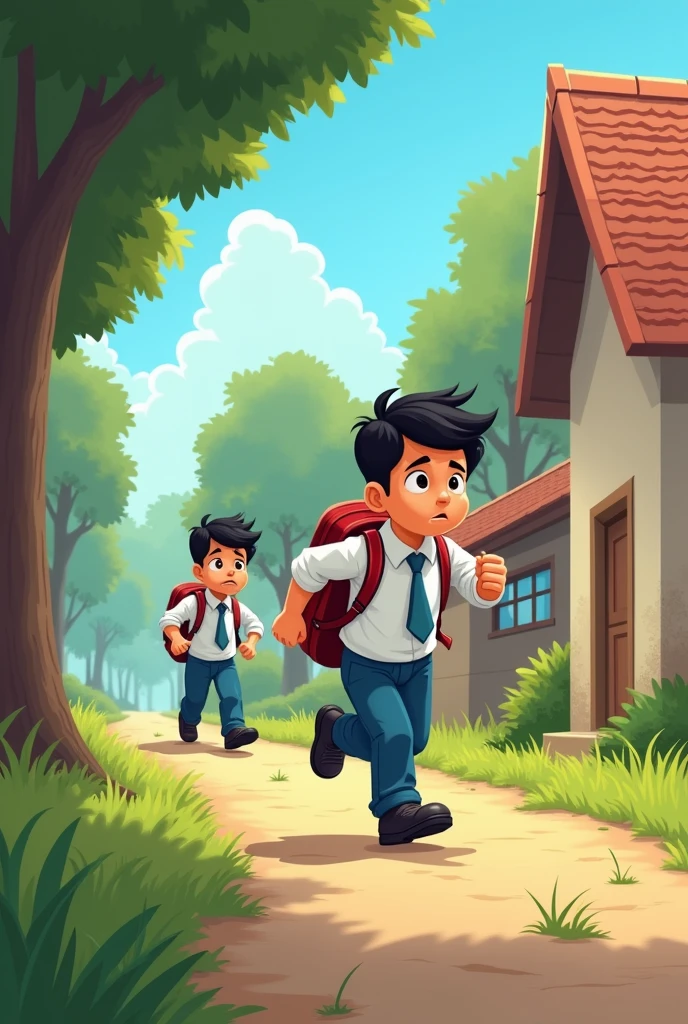 Generate a animated cartoon image of 4 year kid who is going school for the first time and waiting for his bus with his friends