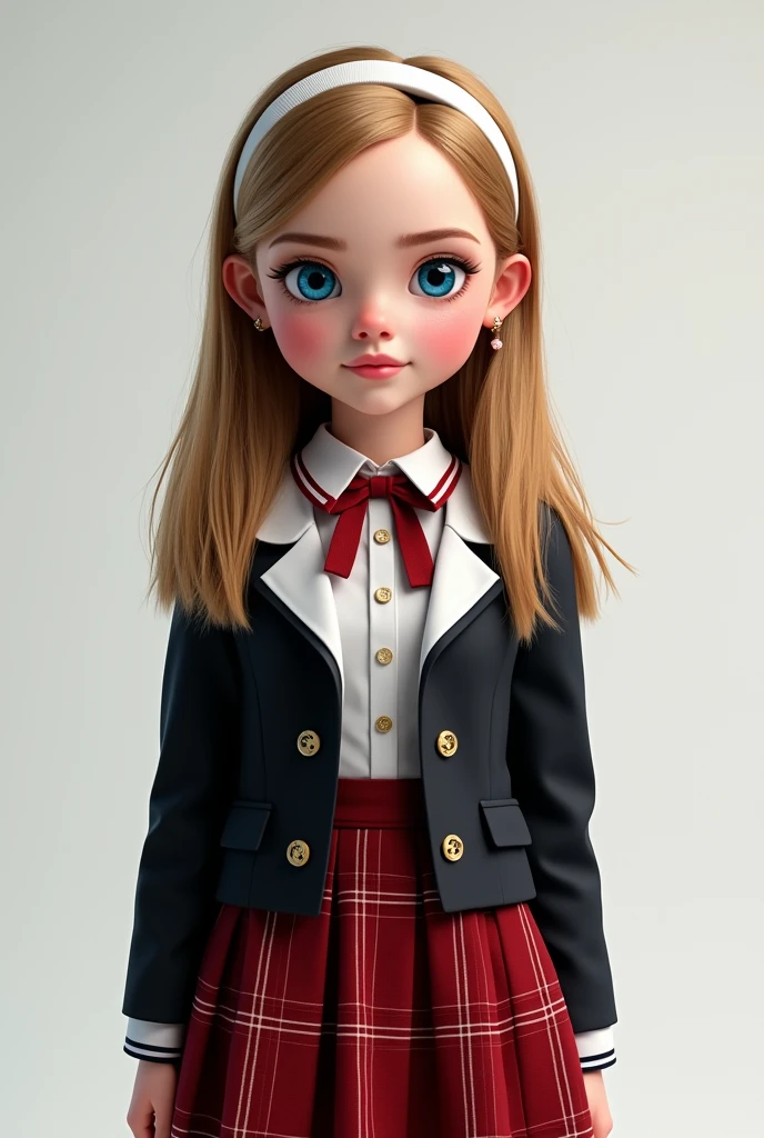 tween Emma Watson, (best quality), big headed, wearing a high school uniform, beautiful straight gold long blond hair, beautiful blue eyes honeybee, White-black-red colour scheme, White headband, red plaid skirt