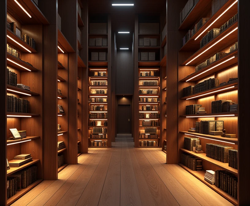 a modern library, dimly lit, low lighting, cozy atmosphere, warm lighting, bookshelf background, ambient lighting, minimal interior design, natural wood furniture, soft shadows, moody lighting, peaceful mood, intricate book details, refined aesthetic, elegant decor, atmospheric, photorealistic, 8k, high resolution, realistic