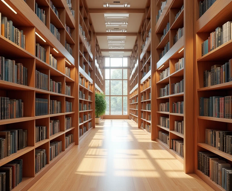 a modern library, dimly lit, low lighting, cozy atmosphere, warm lighting, bookshelf background, ambient lighting, minimal interior design, natural wood furniture, soft shadows, moody lighting, peaceful mood, intricate book details, refined aesthetic, elegant decor, atmospheric, photorealistic, 8k, high resolution, realistic