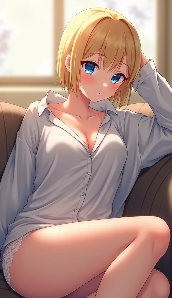 High resolution, 2D anime style,,blue eyes beautiful eyes,high and beautiful nose,thin face,blonde boyish short hair,Cool adult woman,Chest is slightly larger,she looks very happy,biting one's lips,she narrows her eyes,Fashion that shows cleavage,open shirt and shorts,studying at a desk by the window,sit in a chair,I'm wearing earphones,In a forest house surrounded by nature