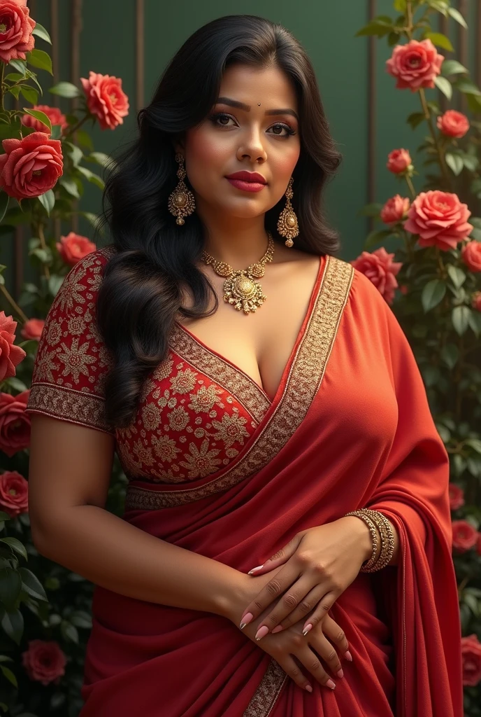 in saree blouse with big and clevage and with flowers - SeaArt AI