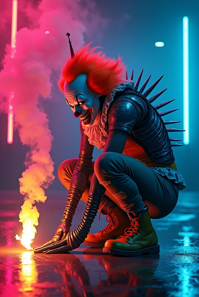 Ziggy Stardust dressed as the clown from the movie IT, vestido como o Clear image, MEMBROS PERFEITOS, ROSTOS PERFEITOS, BLUR-FREE IMAGE, IMAGEM PROFISSIONAL, PERNAS INTEIRAS, INTERMEDIATE ARMS, IMAGEM SEM FALHAS, Clear image, IMAGEM DECENTE, BOA QUALIDADE, BEM ACABADA, melhor qualidade, obra-prima, high resolution, 8k, imagem hiper-realista, foto profissional, imagem realista, Full body view, angle from bottom to top