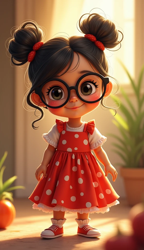 7-year-old girl with brown hair and slightly wavy eyes, wears round black and red glasses, has almond-shaped eyes with bold edges in the outer corners, as well as a slightly squinty look. She wears a simple red dress, is smiling, a playful and mischievous smile, and has a smart look. Disney Pixar animation style scene