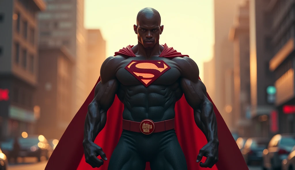 Muscular man, but not too much, dark skin complexion, by the wide, beard and he's wearing a superhero suit
